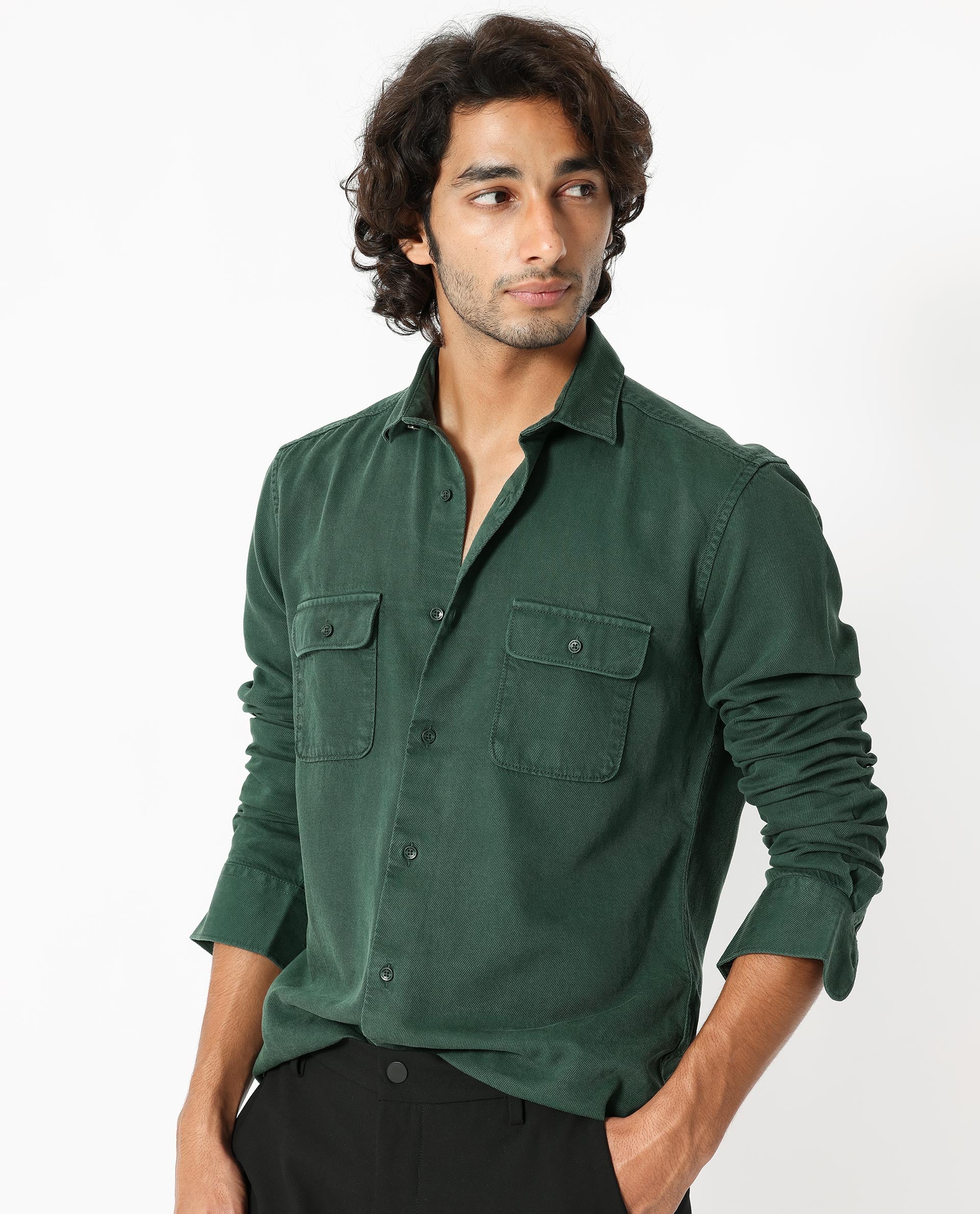 Rare Rabbit Men's Lyton Dark Green Cotton Fabric Full Sleeves Solid Twill Shirt - view 7