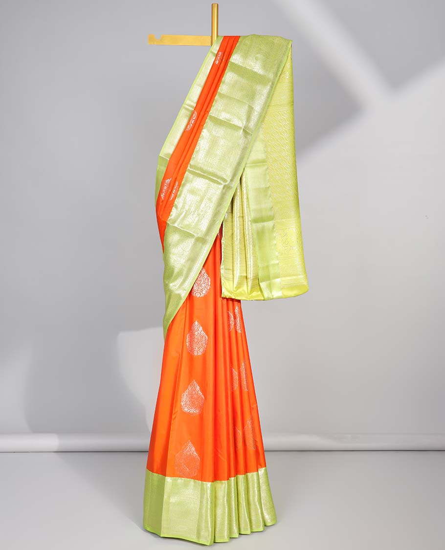 Pothys Orange floral motifs gift saree with contrast paisley border & intricate zari design pallu
