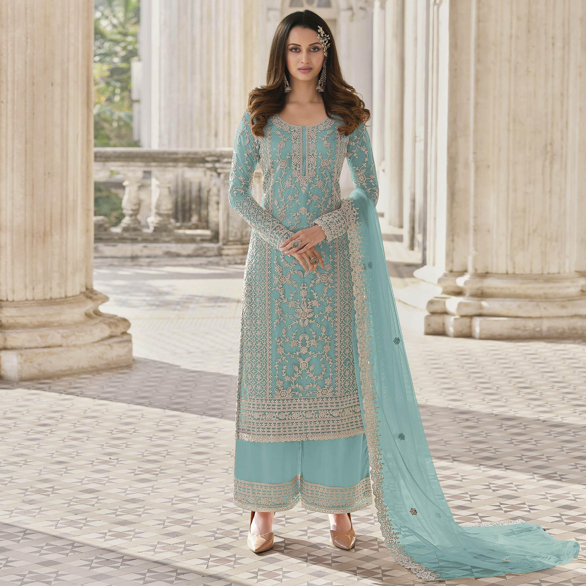 Peachmode Light Blue Embroidered Netted Pakistani Suit - view 2