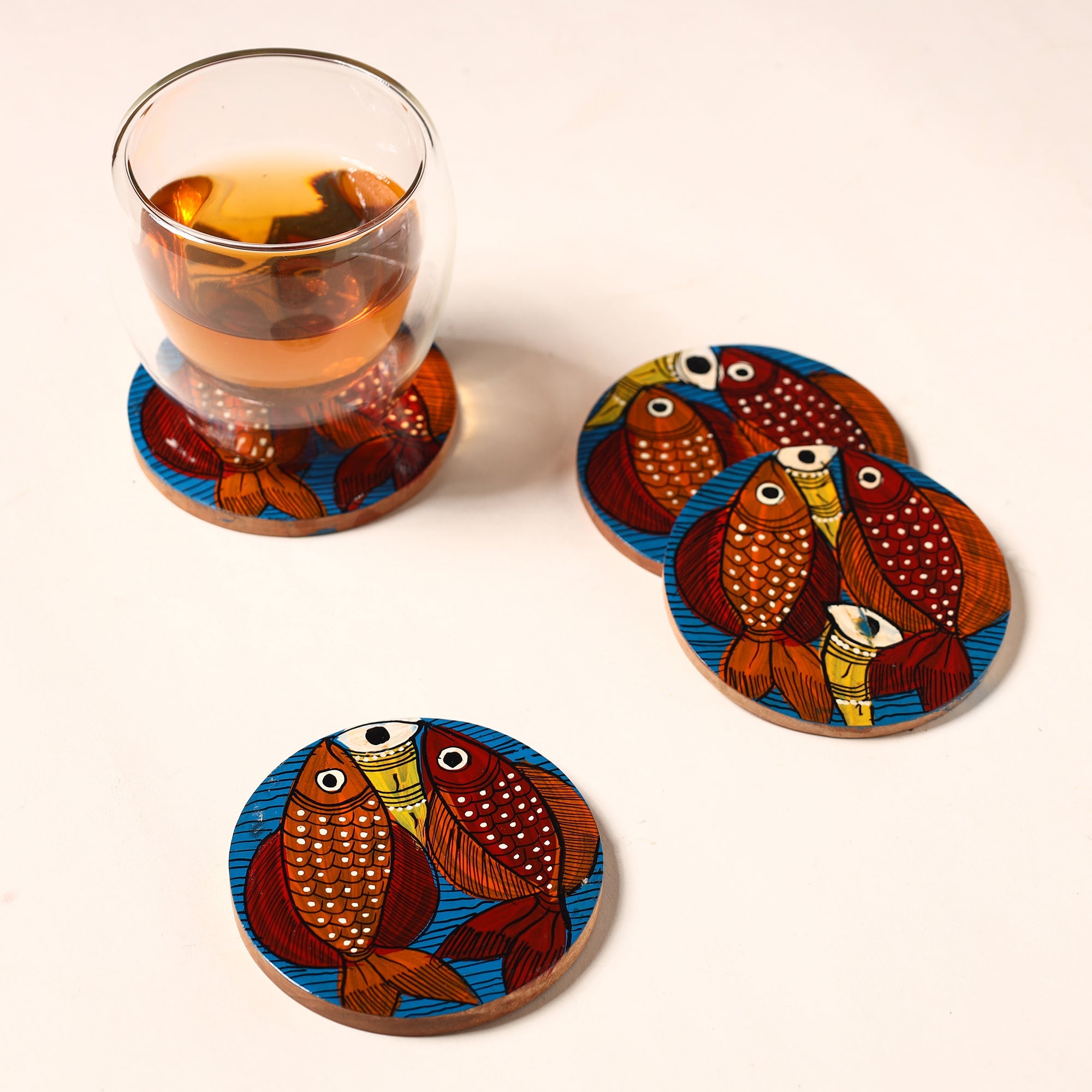 ITOKRI CRAFTS INITIATIVE Bengal Patua Handpainted Akashmoni Wooden Coasters (Set of 4) 46