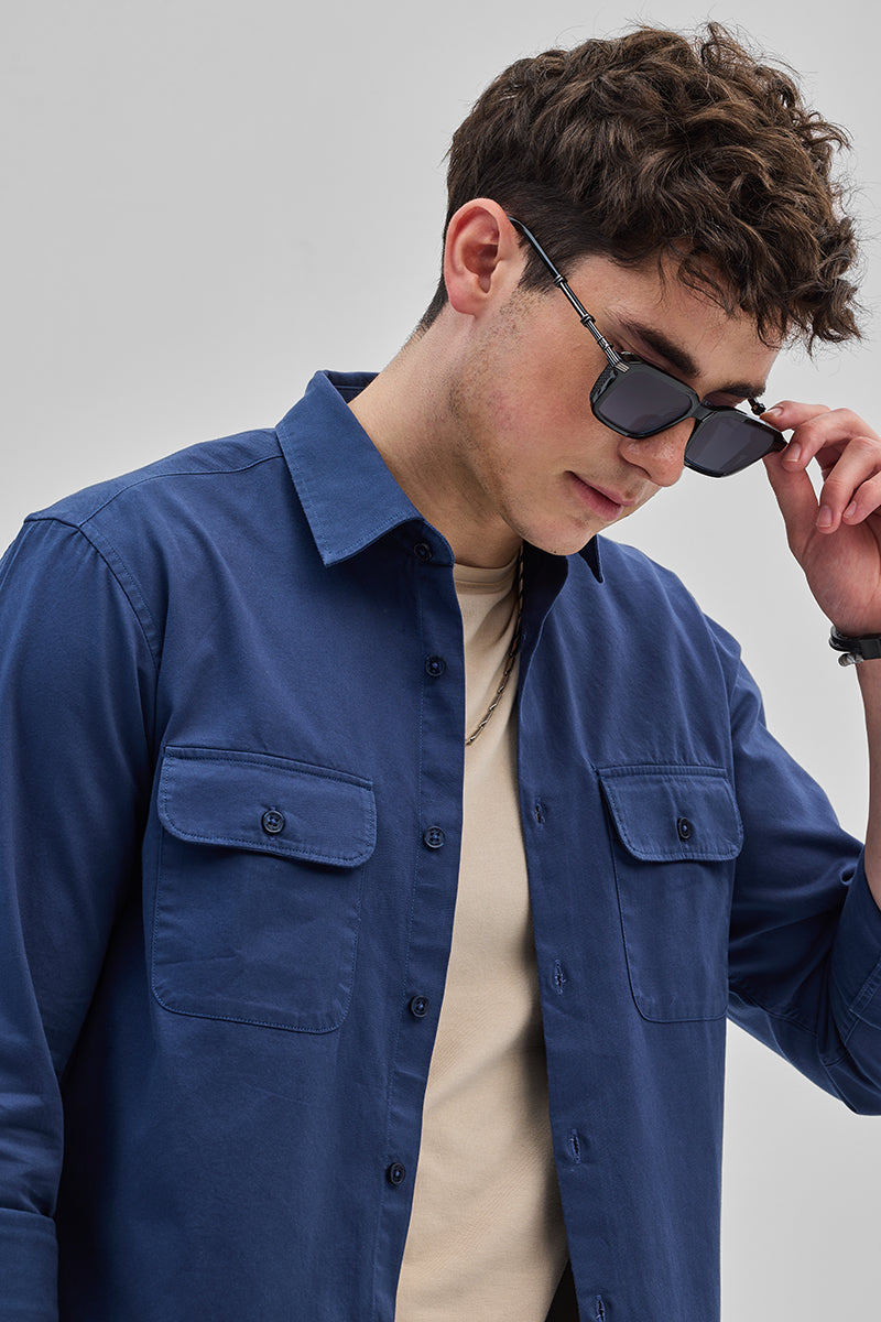 SNITCH Blue Solid Double Pocket Overshirt - view 4