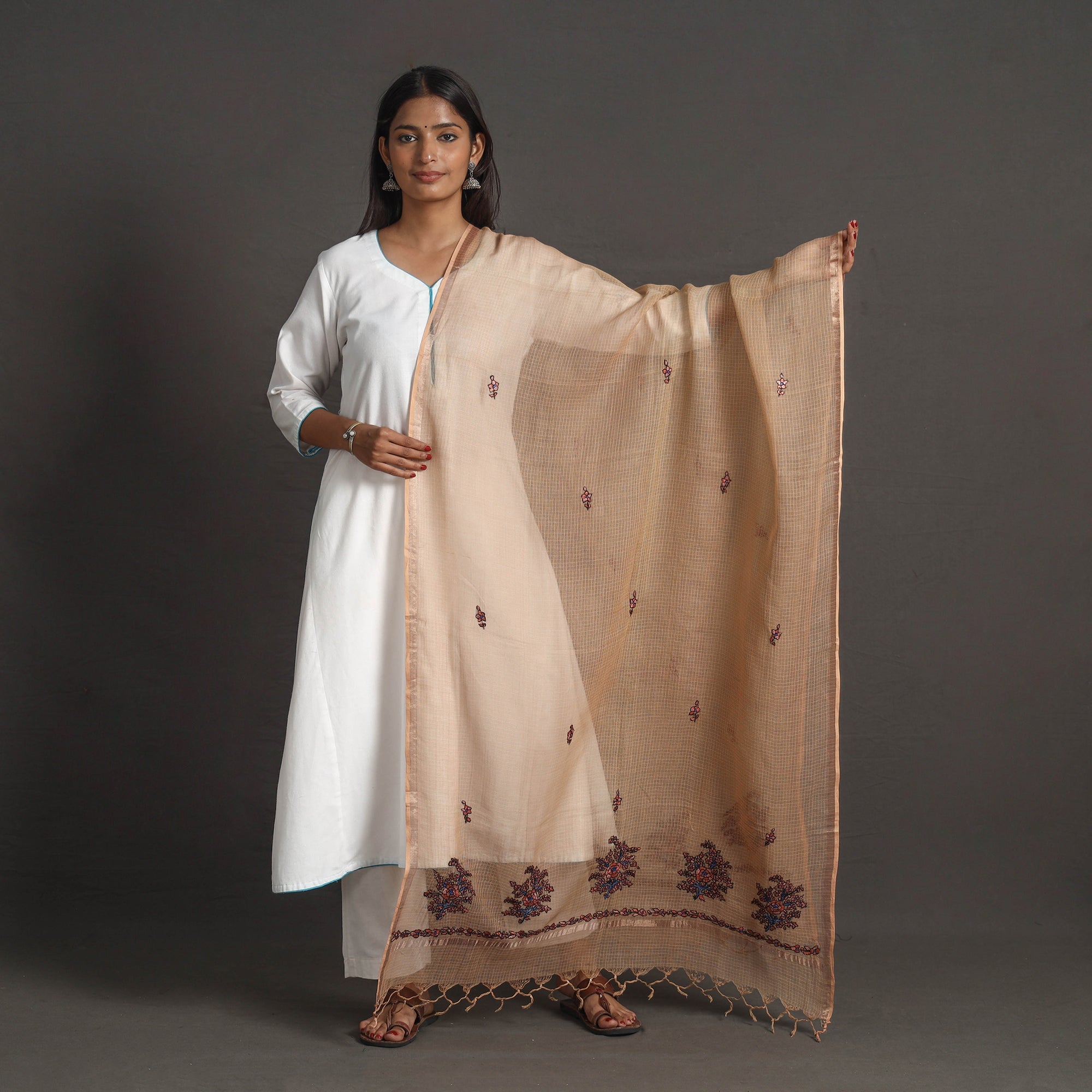 ITOKRI CRAFTS INITIATIVE Brown - Kota Doria Silk Cotton Kashida Embroidery Dupatta 54