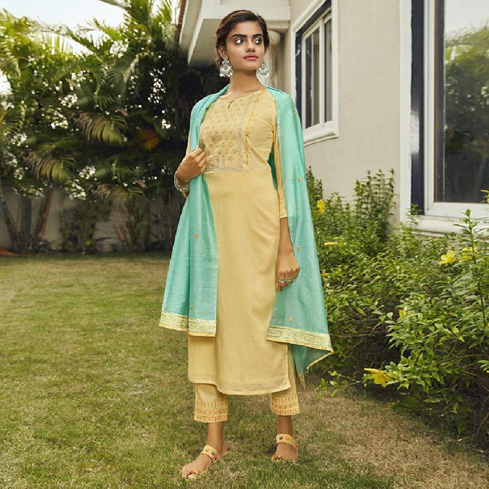 Peachmode Seller Lovely Light Yellow Colored Partywear Embroidered Rayon Kurti - Pant Set With Dupatta
