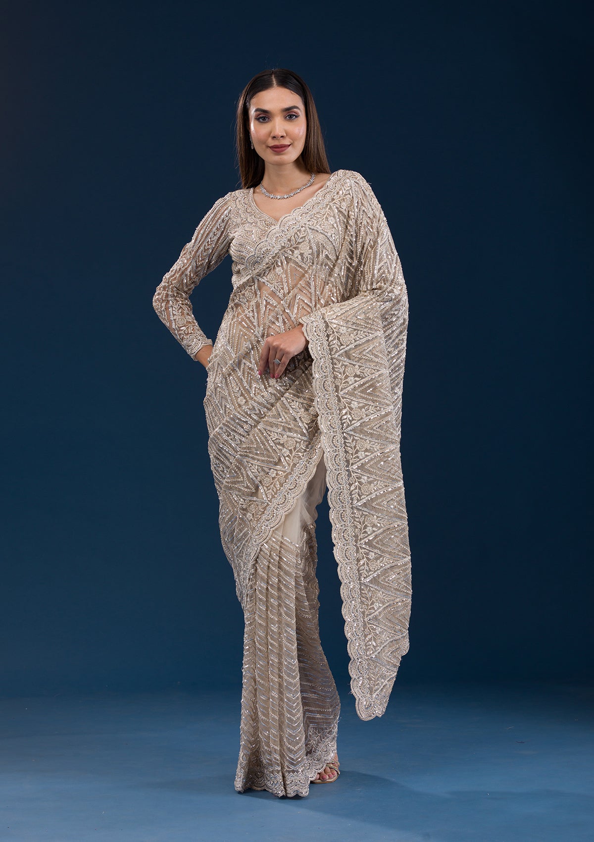 Koskii Beige Sequins Net Saree – Women's