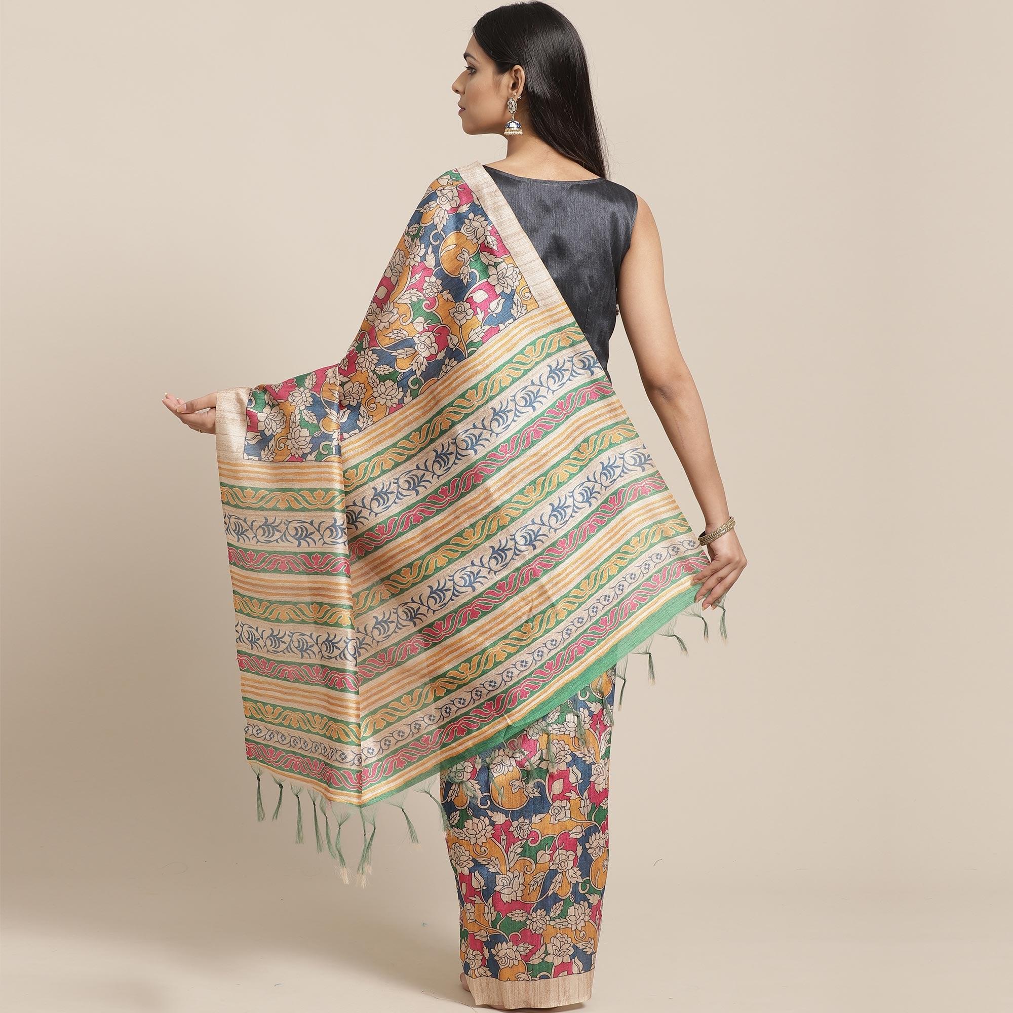 Peachmode Exceptional Beige-Multi Colored Casual Wear Floral Printed Silk Blend Saree With Tassels - view 2
