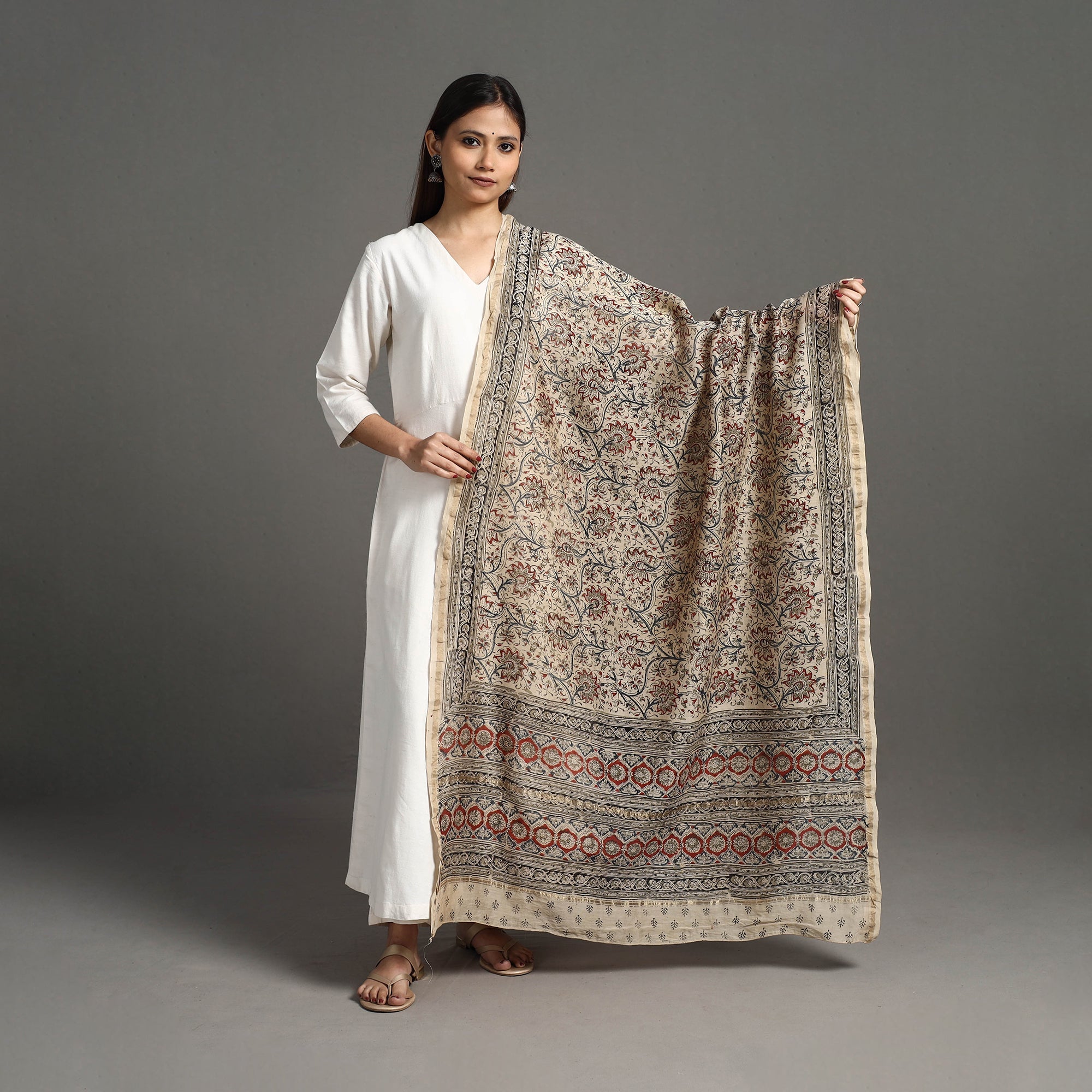 SOUTH KARGHA Beige - Pedana Block Print Chanderi Silk Kalamkari Dupatta 04 - view 2