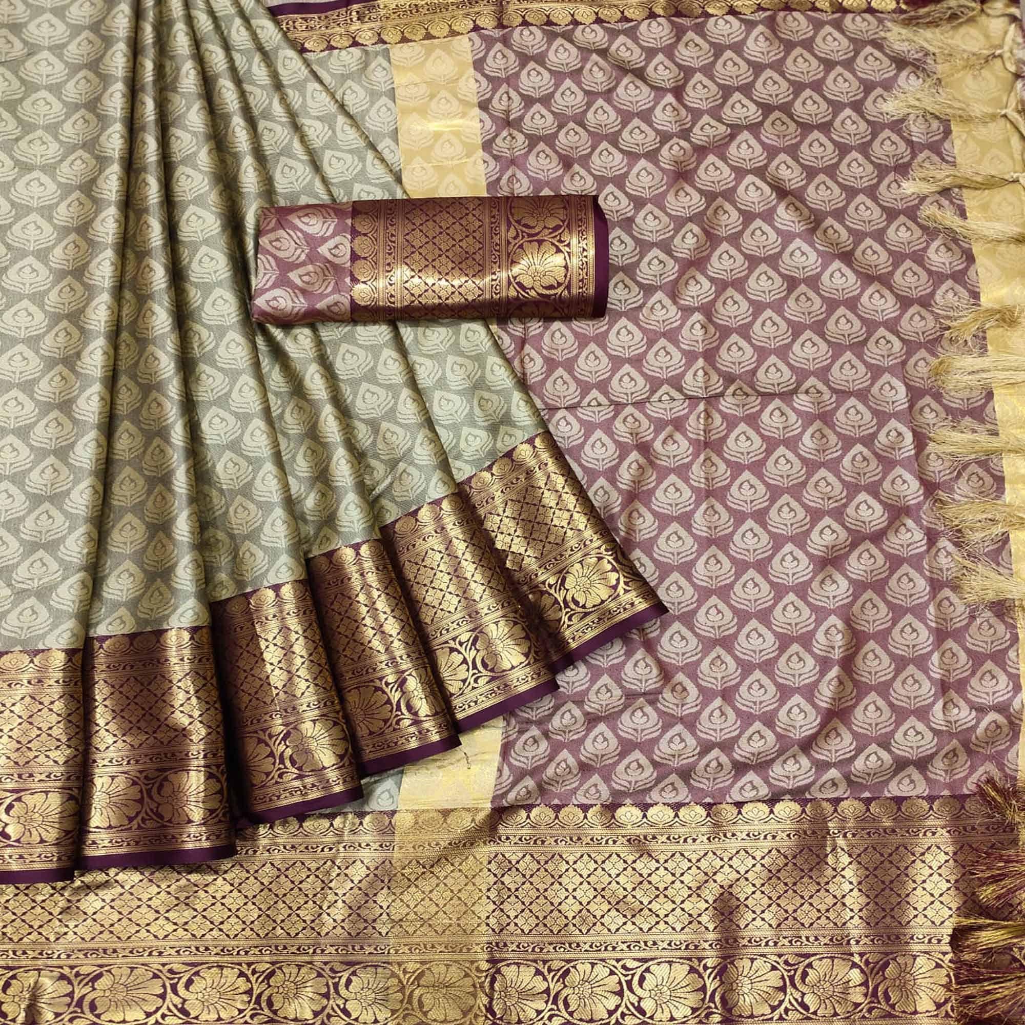 Peachmode Chiku Festive Wear Woven Cotton Saree With Tassels