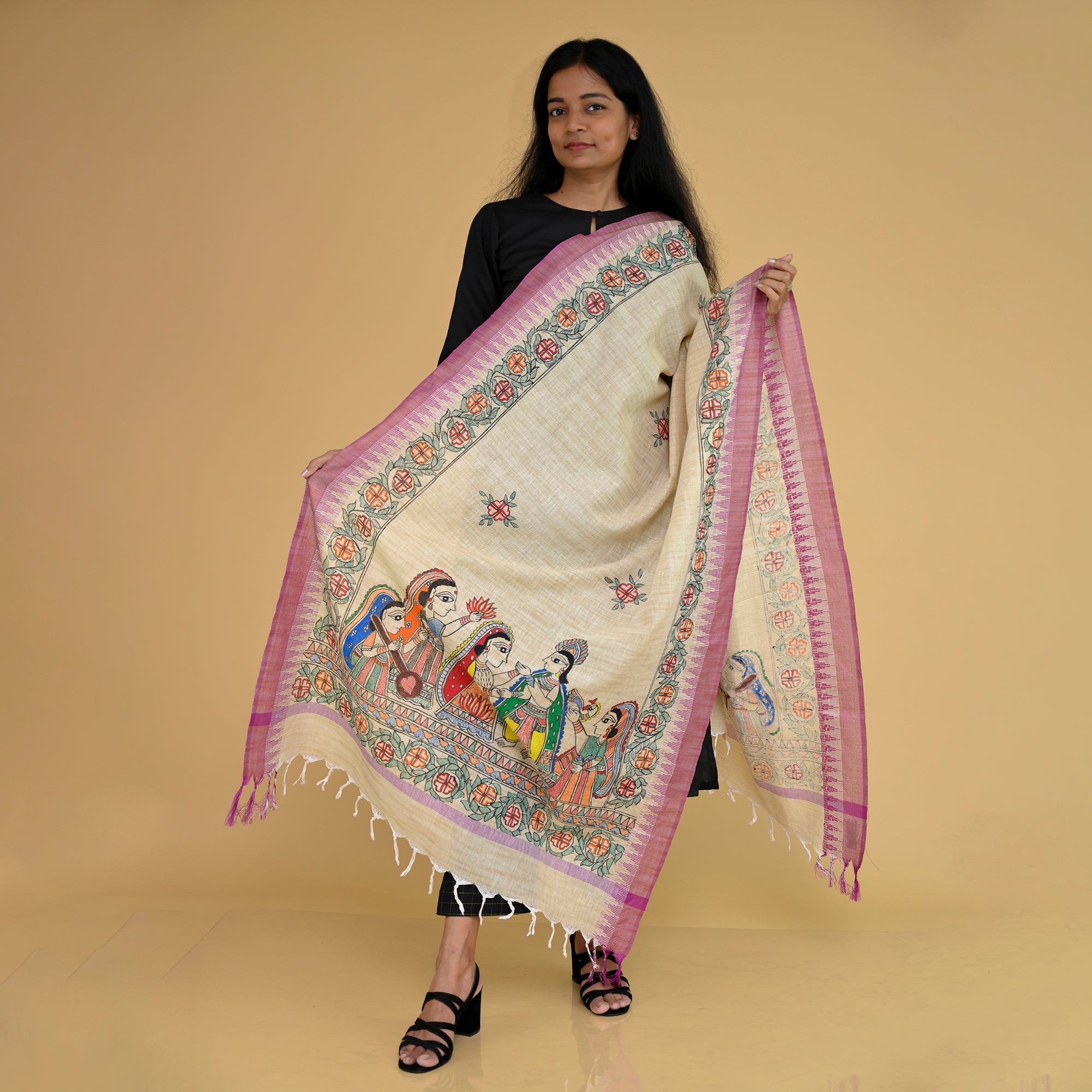 DIORAMA DESIGNS Beige - Madhubani Handpainted Gopiyan Cotton Dupatta - view 2