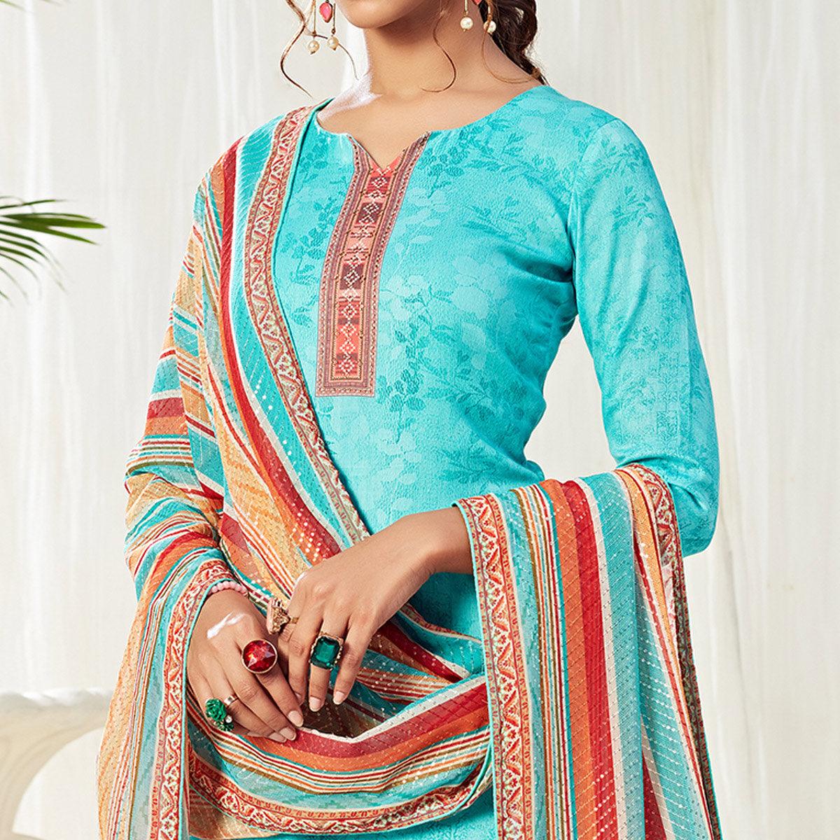 Peachmode Flamboyant Auqa Blue Colored Partywear Digital Printed Cotton Suit - view 2
