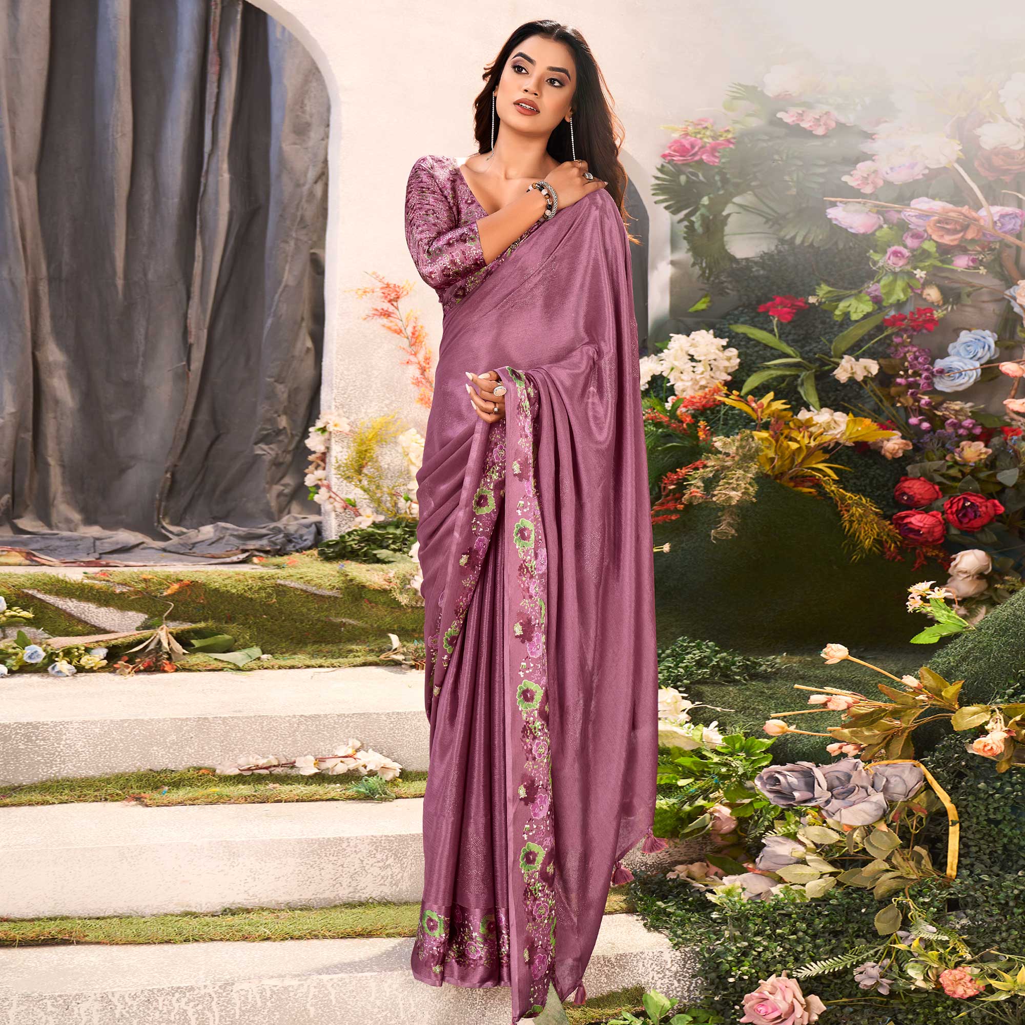 Peachmode Mauve Floral Foil Printed Chiffon Saree With Tassels