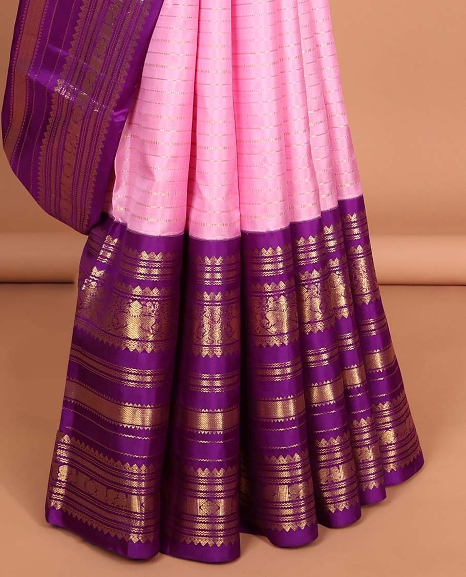 Pothys Pink striped silk saree,intricate pallu & contrast korai border of rekku, Mayil kann design - view 4