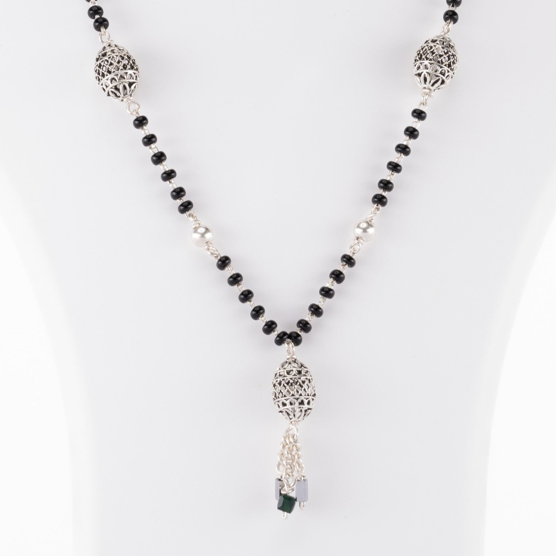 Prinjal Jewellers Black Beads Mangal Sutra with 3 Dangling Beaded Silver Pendants for Women - view 2