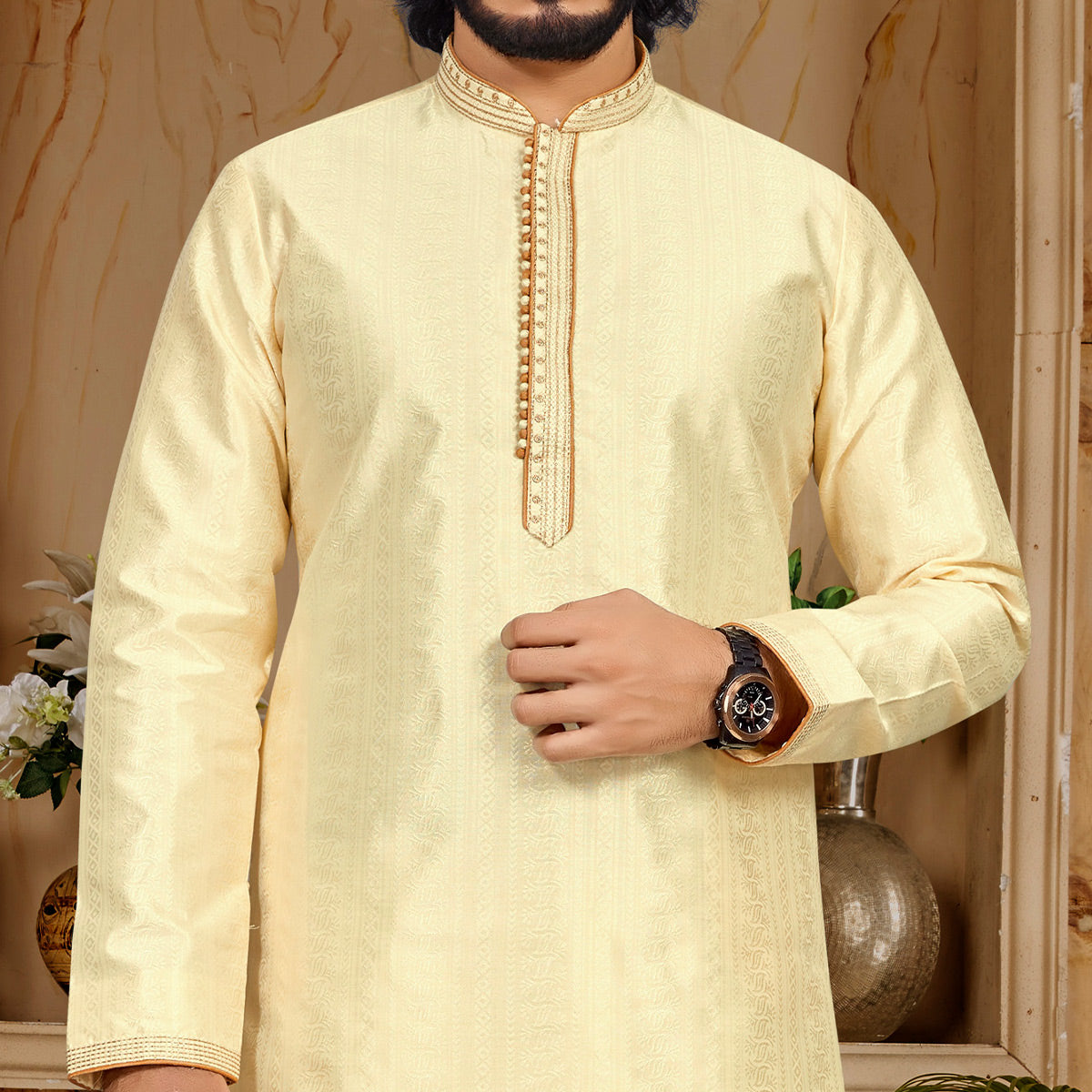 Peachmode Seller Light Yellow Woven Jacquard Kurta Pyjama Set - view 2