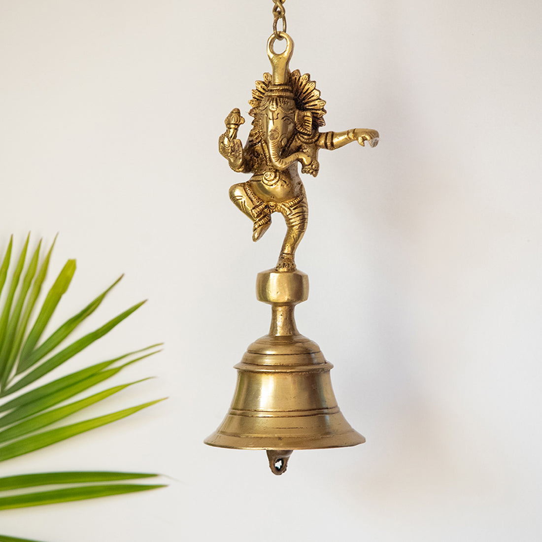 EXCLUSIVELANE 'Dancing Ganpati' Hand-Etched Decorative Hanging Bell In Brass