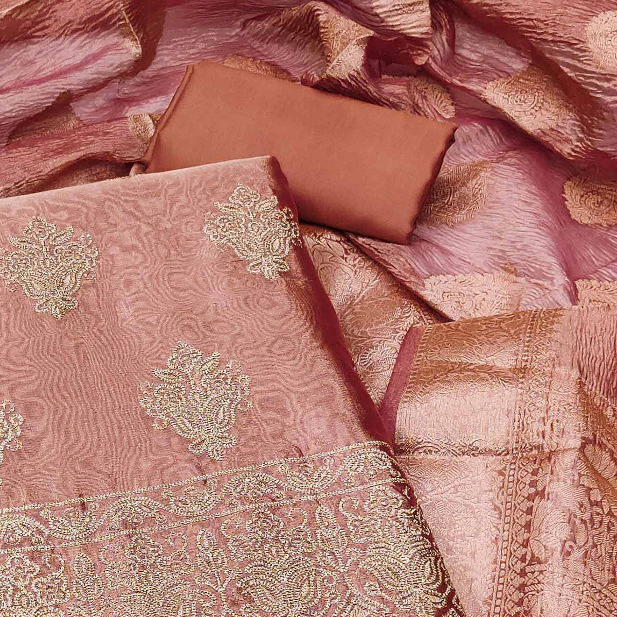 Peachmode Peach Floral Embroidered Shimmer Organza Dress Material - view 2