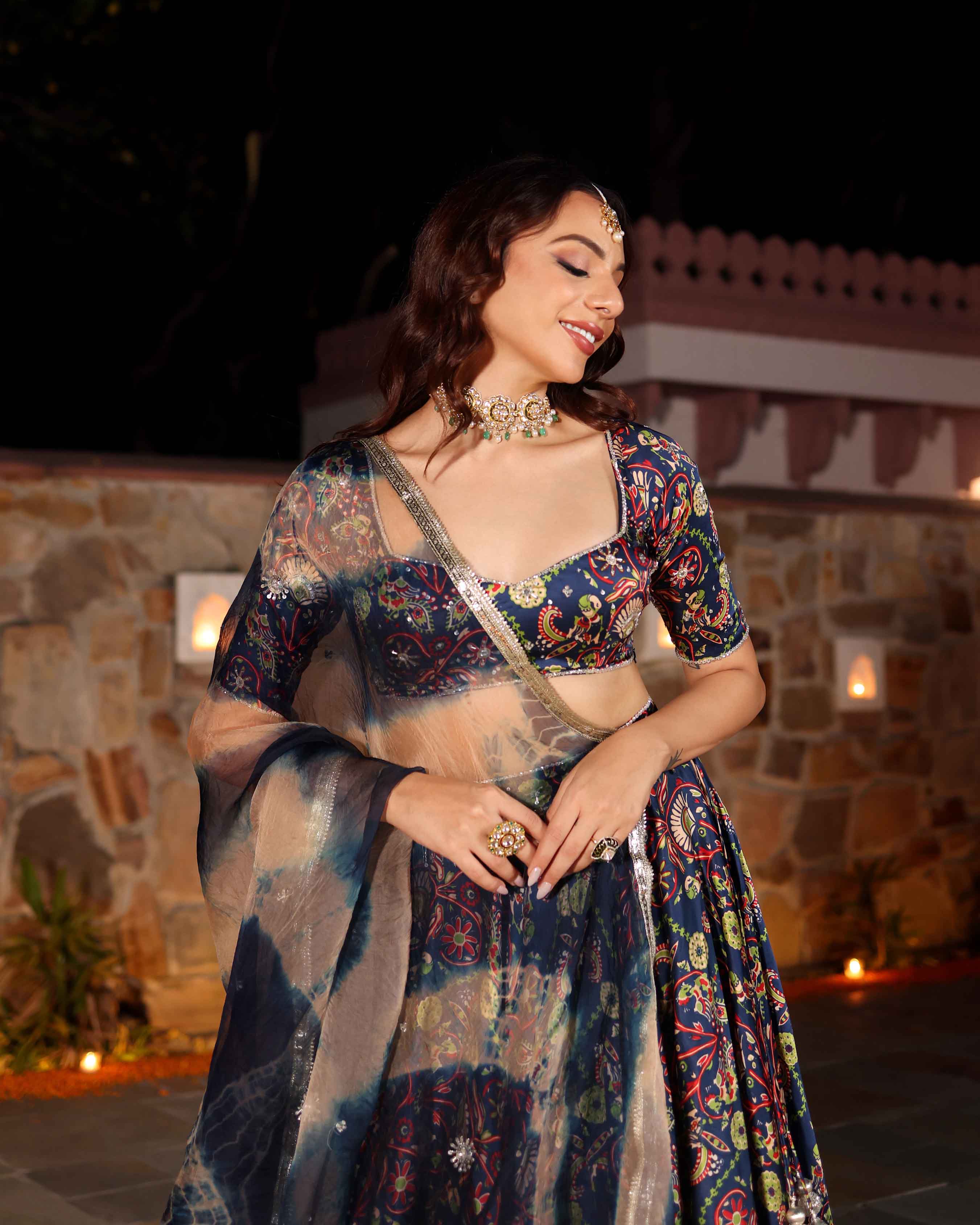 Aachho Laaya Blue Printed Hand Embroidered Satin Lehenga Set - view 2