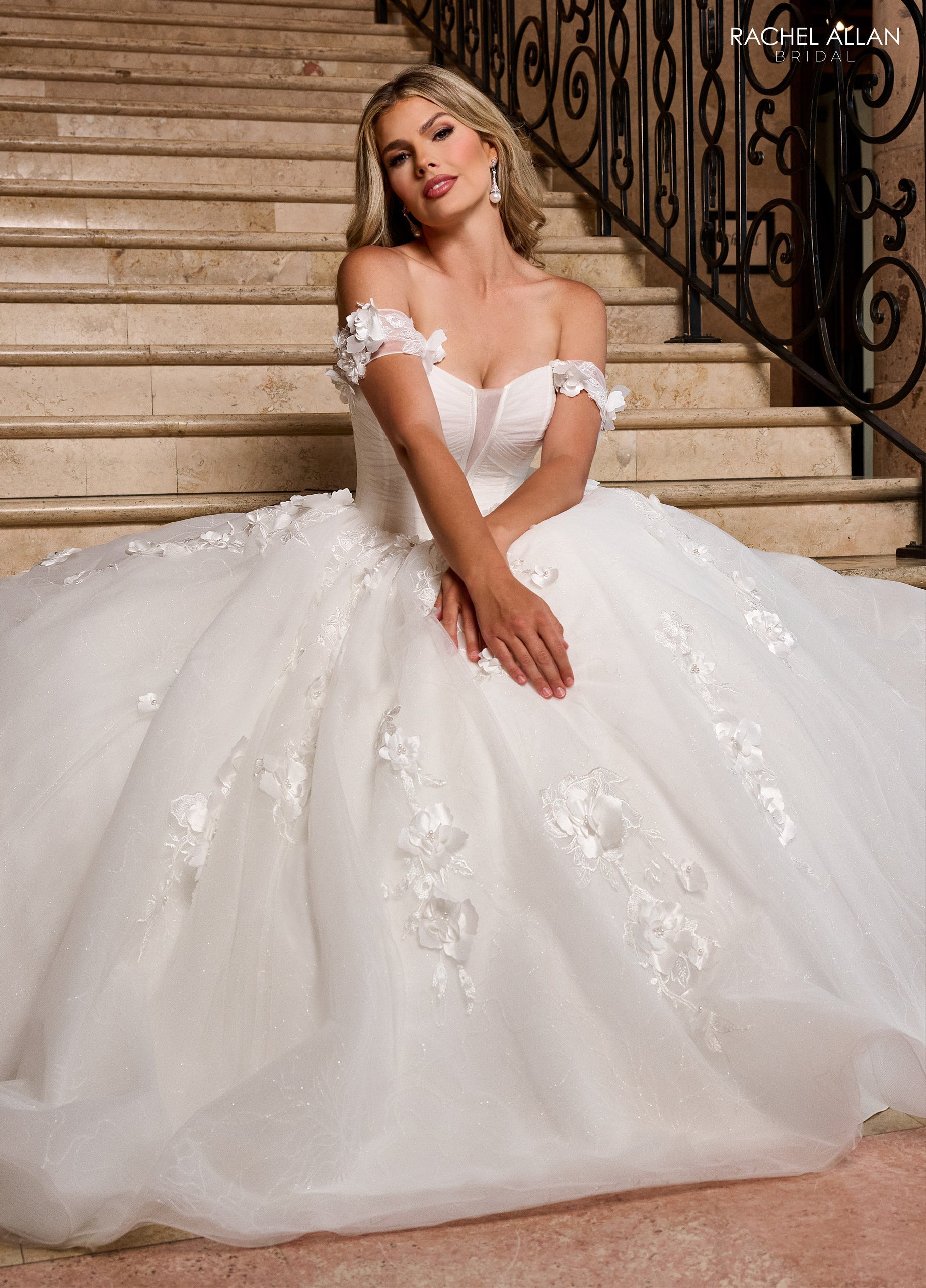 Mary's Bridal Ball Gowns Collection 3D Floral Off Shoulder Bridal Gown by Rachel Allan RB6170