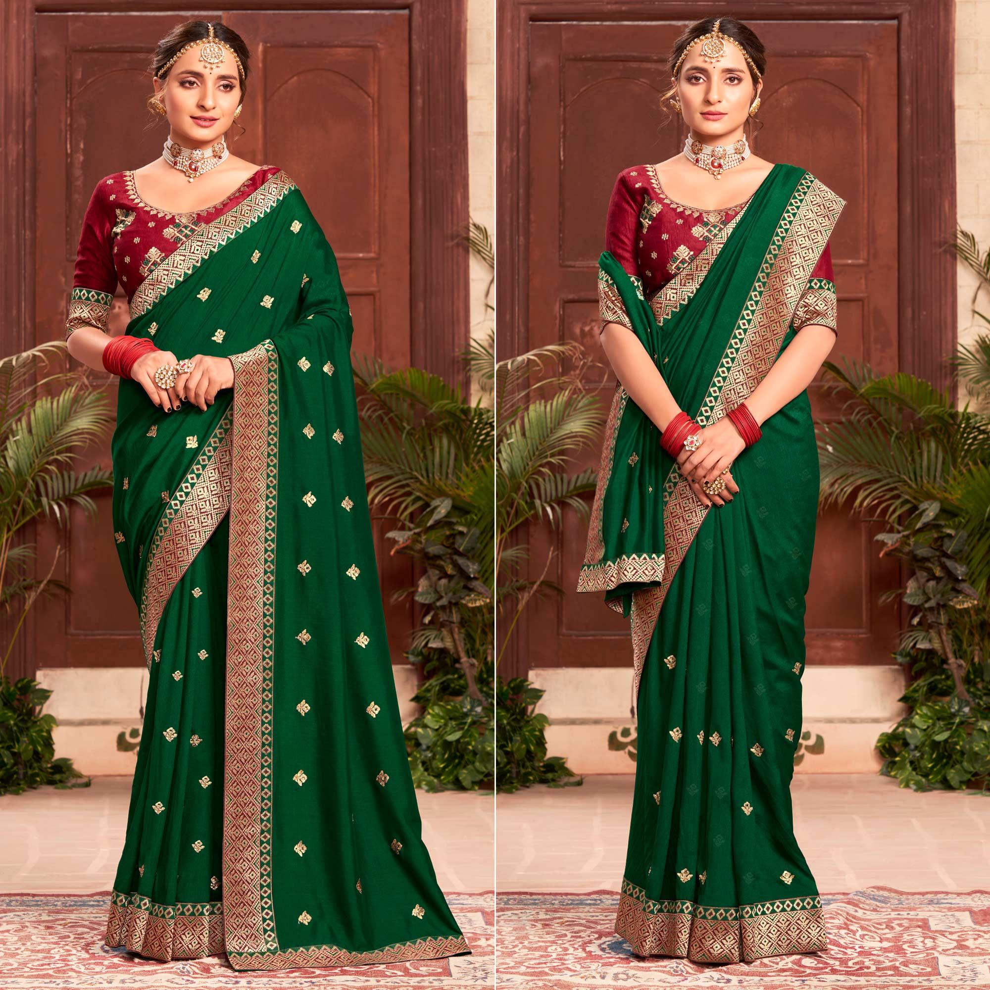 Peachmode Bottle Green Embroidered With Embellished Vichitra Silk Saree