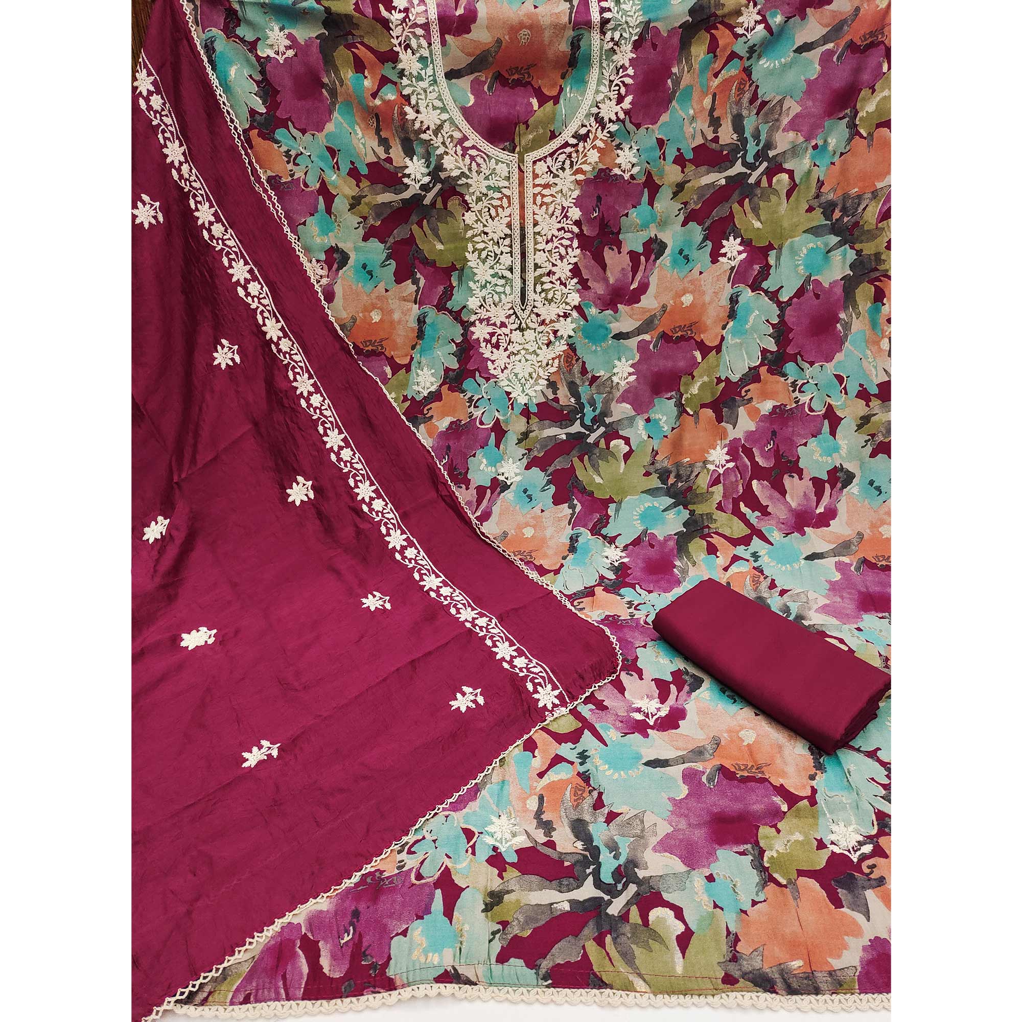 Peachmode Dark Magneta Floral Embroidery With Printed Cotton Silk Dress Material - view 3