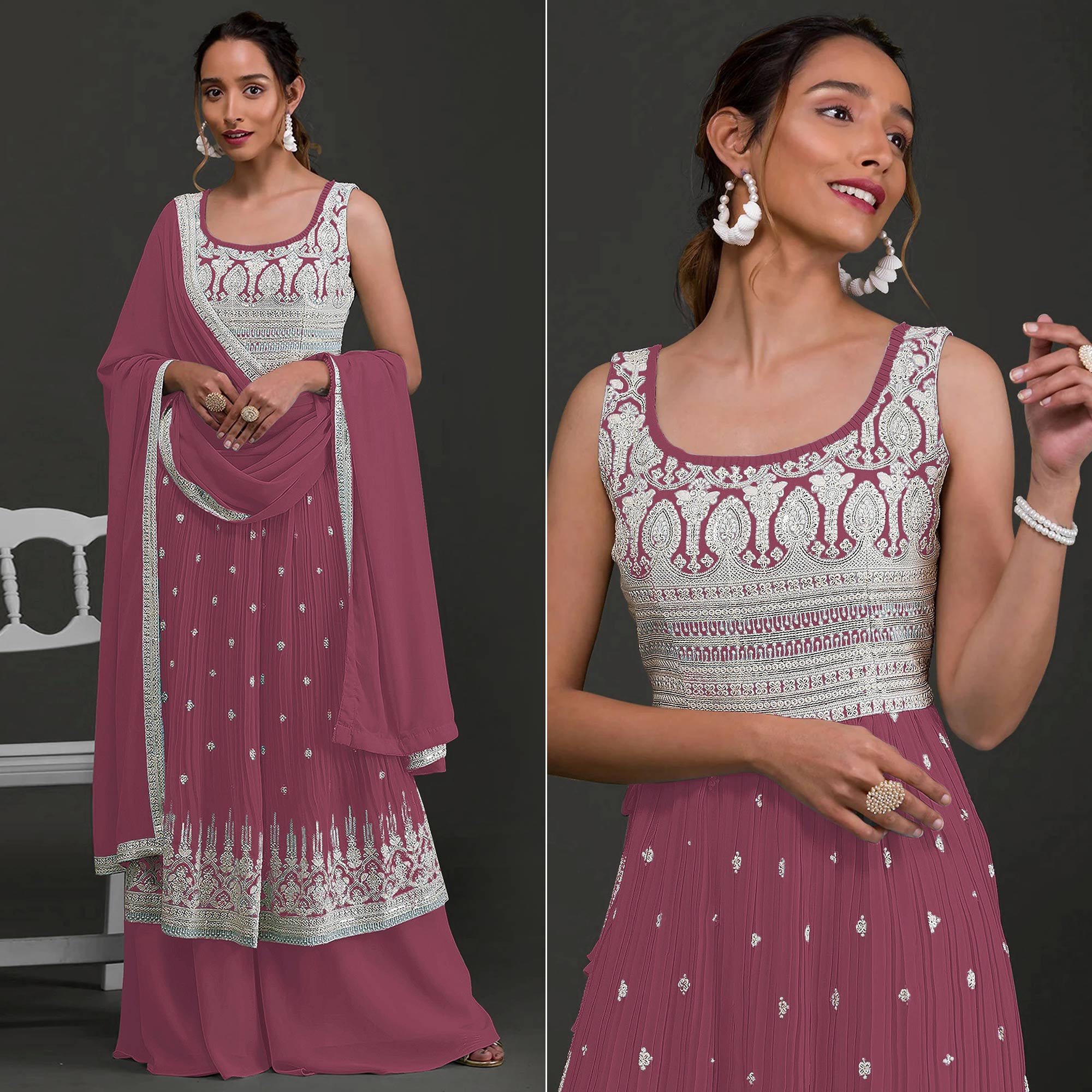 Peachmode Mauve Embroidered Georgette Naira Cut Semi Stitched Palazzo Suit