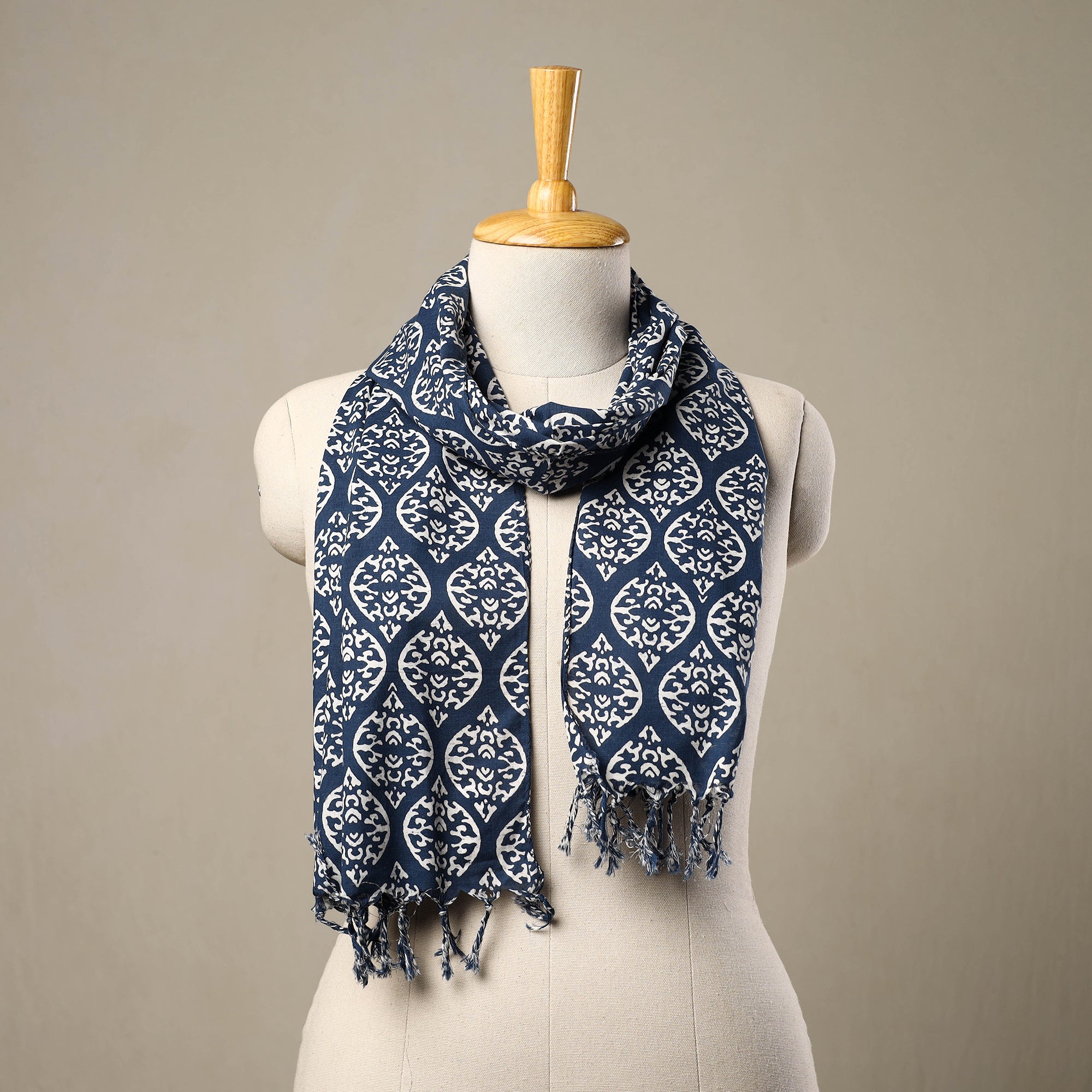 HAVELI CHRONICLES Blue - Block Print Cotton Sanganeri Stole with Tassels 183