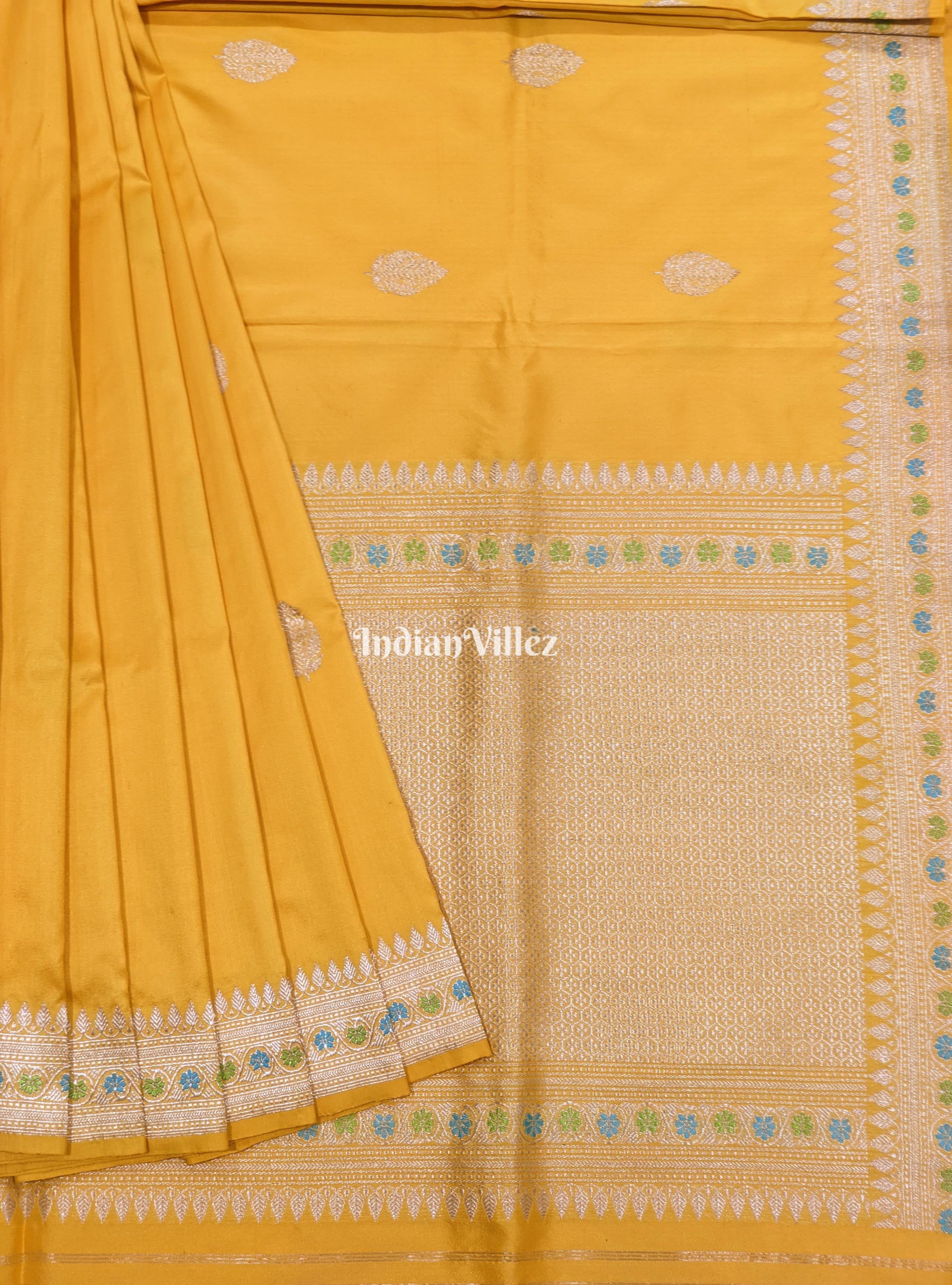 IndianVillèz Yellow Leaf Motif Designer Katan Silk Meenakari Banarasi Saree