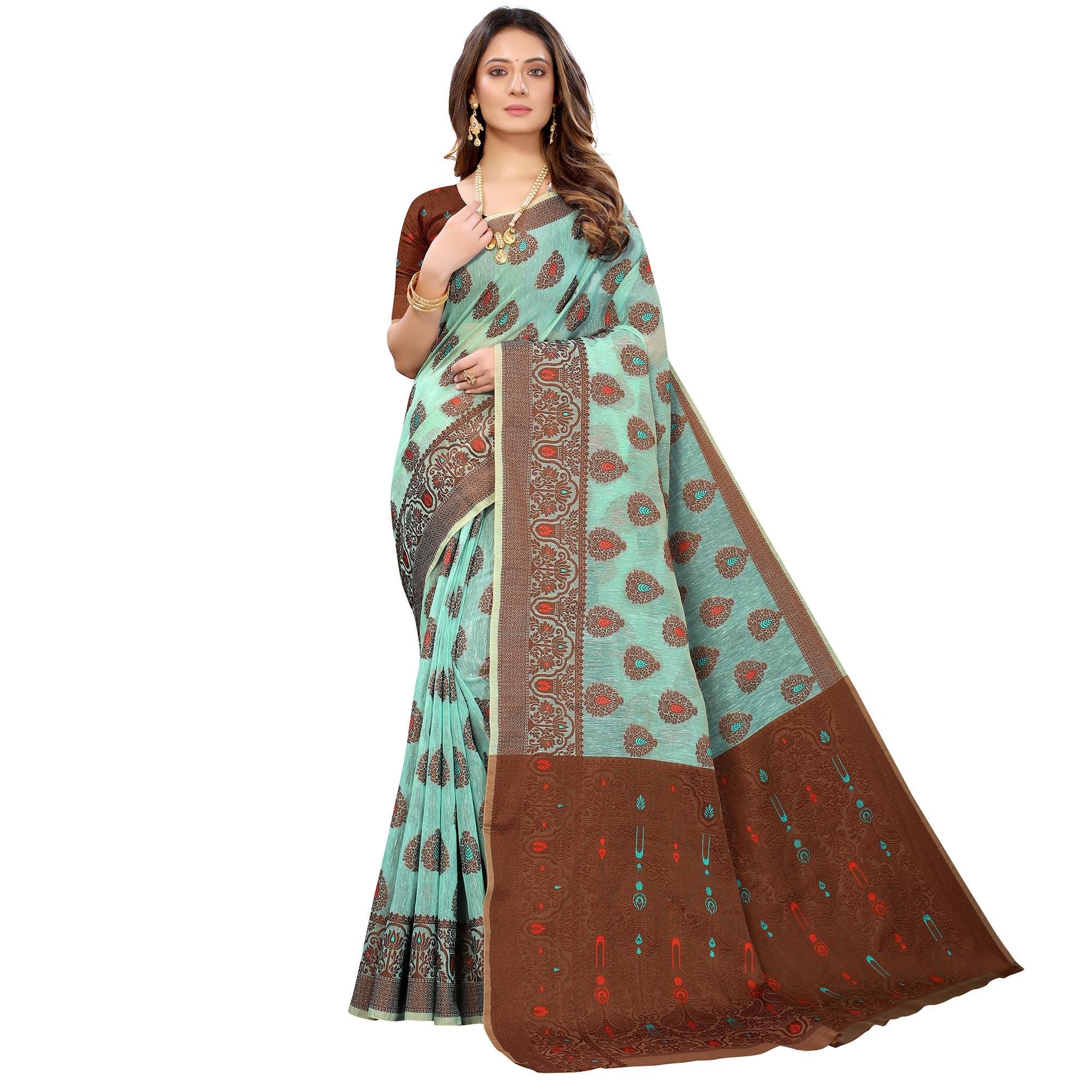 Peachmode Ferozi Festive Wear Woven With Meena Butta Rich Pallu Cotton Saree