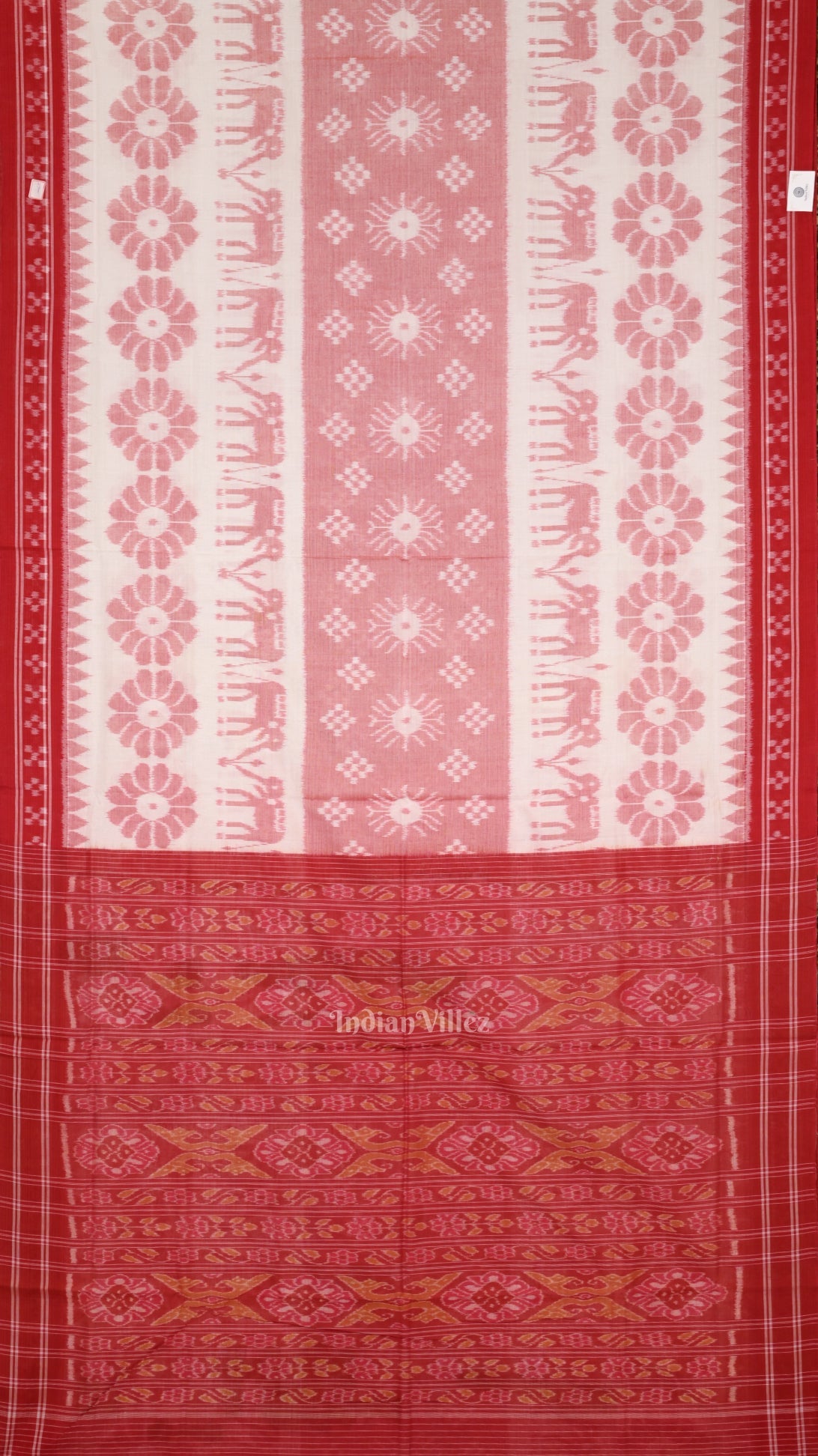 IndianVillèz White Red Elephant 3d Pasapali Sambalpuri Ikat Pure Cotton Saree