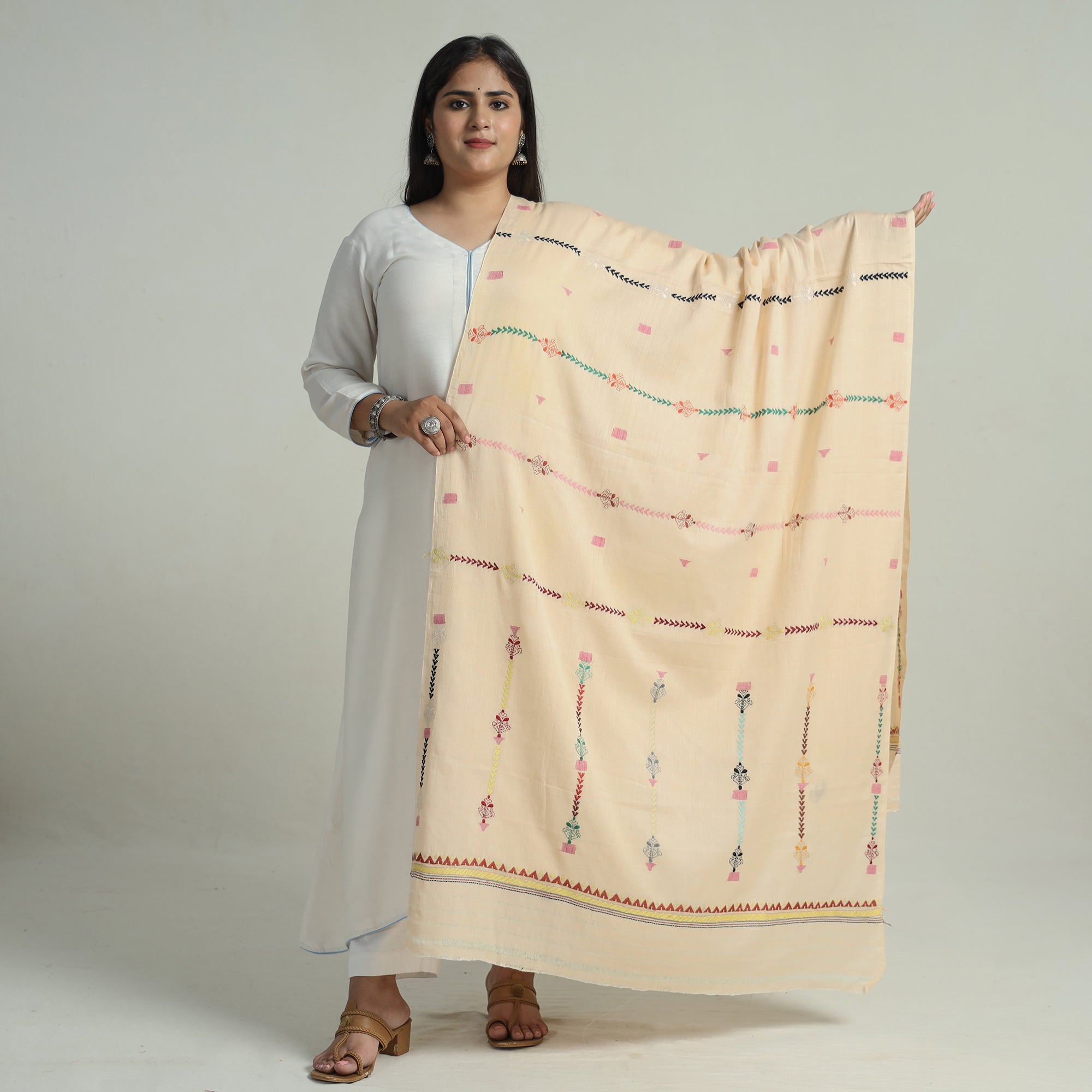 KHUSHBASH - HAPPY LOOM OF EAST Beige - Bengal Kantha Embroidery Silk Cotton Dupatta 05