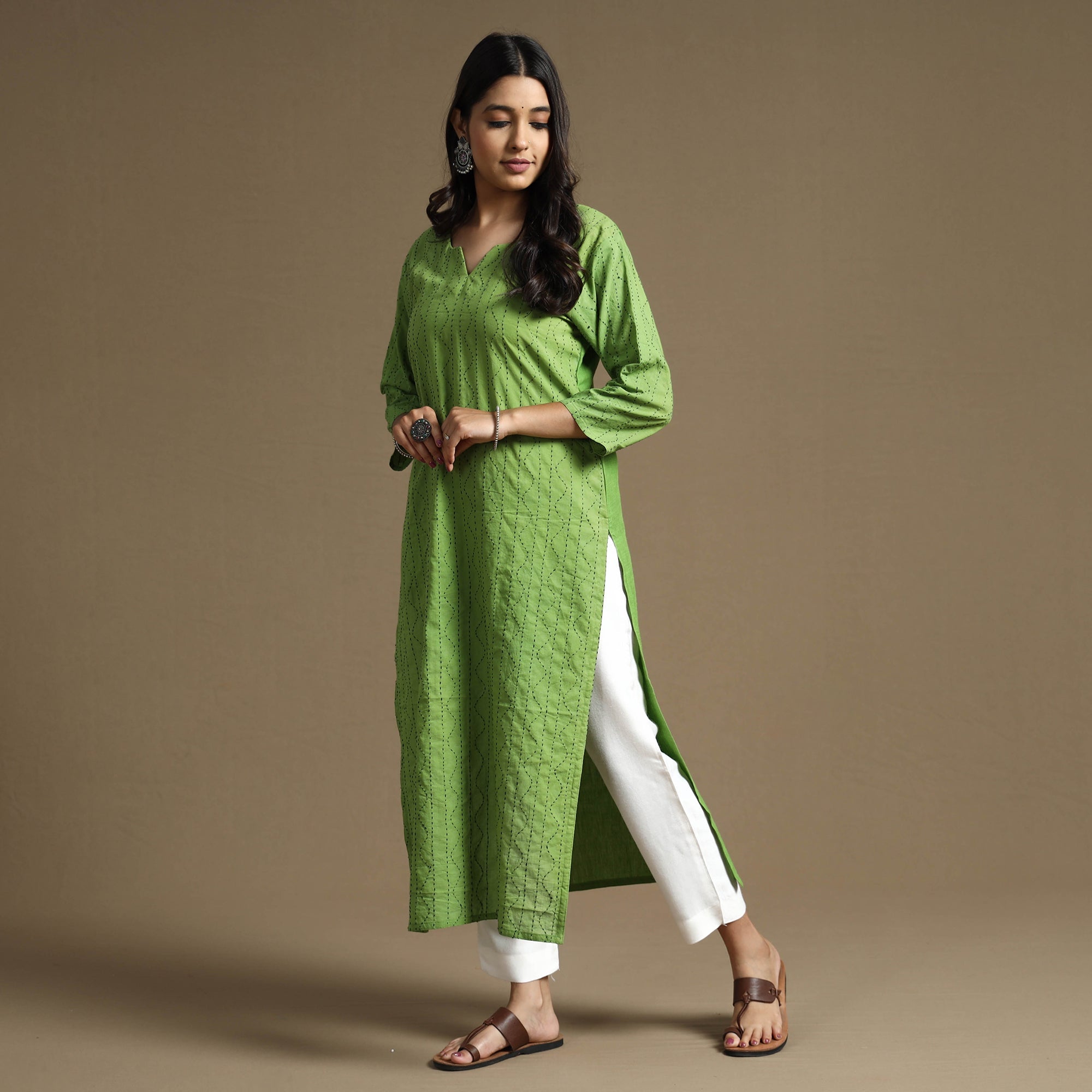 ITOKRI CASUALS Apple Green Plain Cotton Tagai Work Long Kurta - view 2