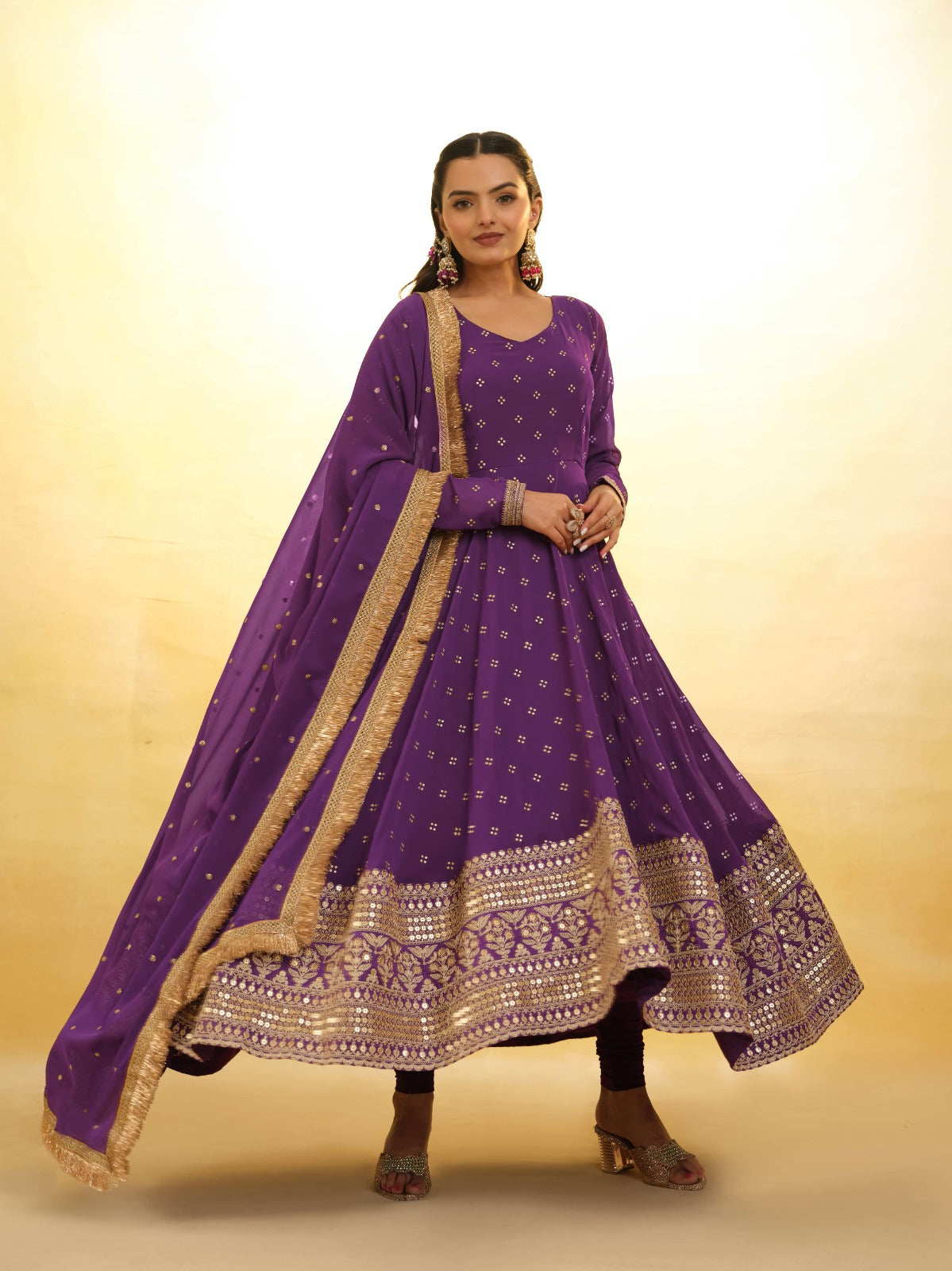 ClothsVilla Purple Georgette Suit with Embroidery and Shantoon Bottom