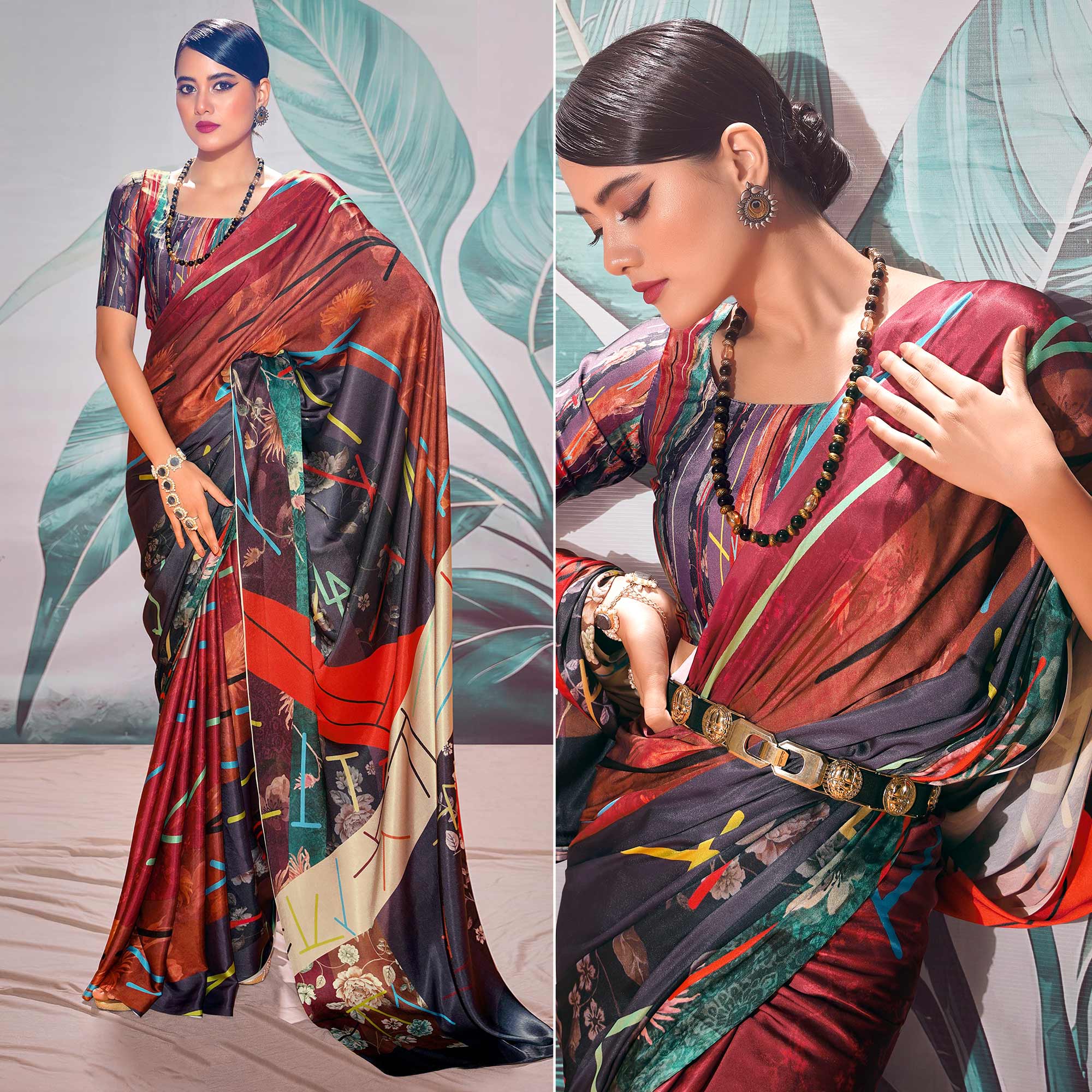 Peachmode Multicolor Digital Printed Satin Saree