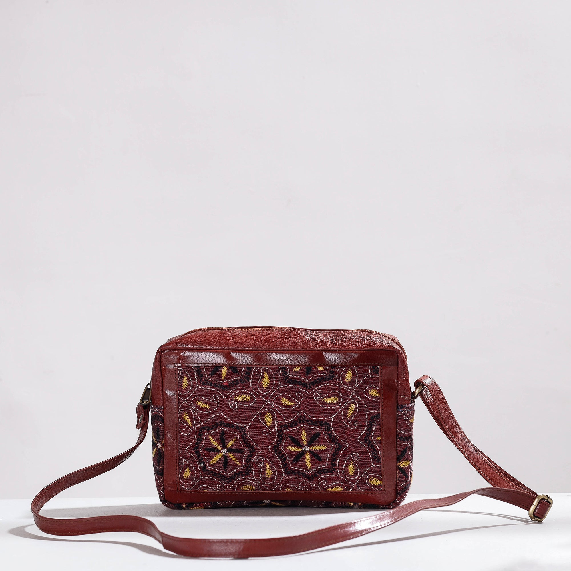 Cotton leather sling – ASALKAAR Brown - Handcrafted Kantha Embroidery Cotton & Leather Sling Bag