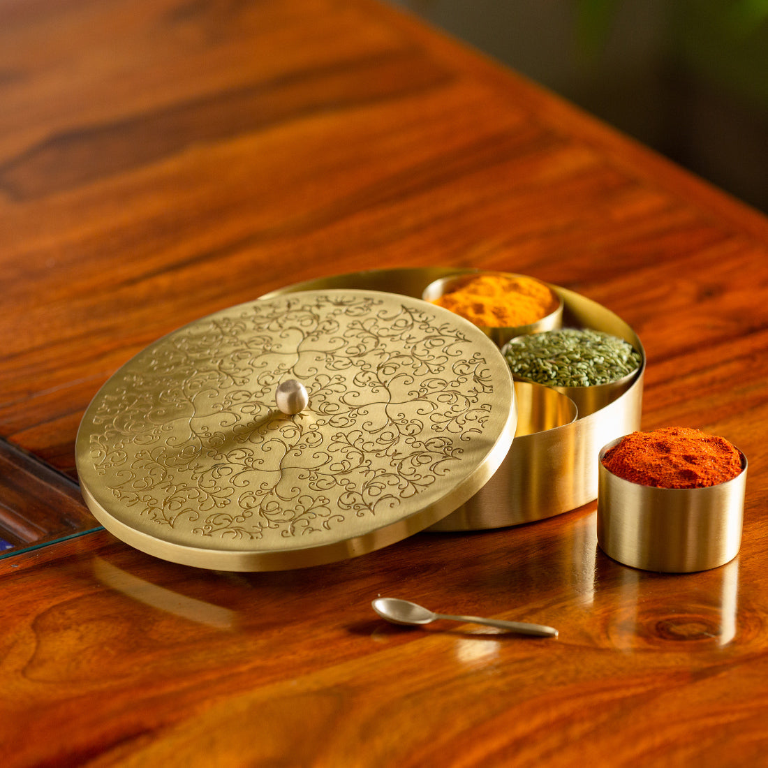 EXCLUSIVELANE 'Floral-Etched' Handcrafted Spice Box In Brass With Spoon (7 Containers, 40 ML) - view 2