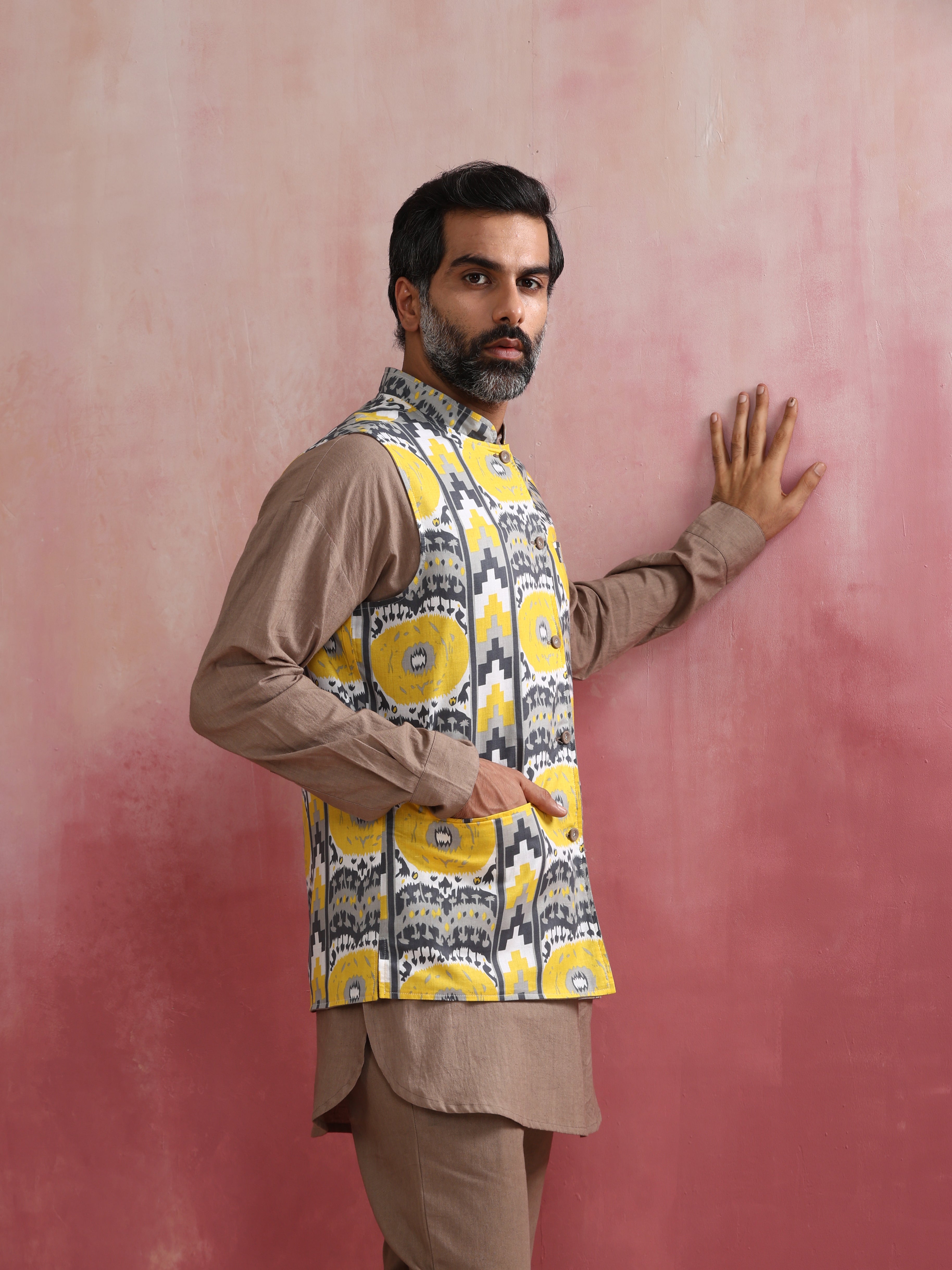 trueBrowns Men's Beige Ikat Reversible Nehru Jacket - view 5