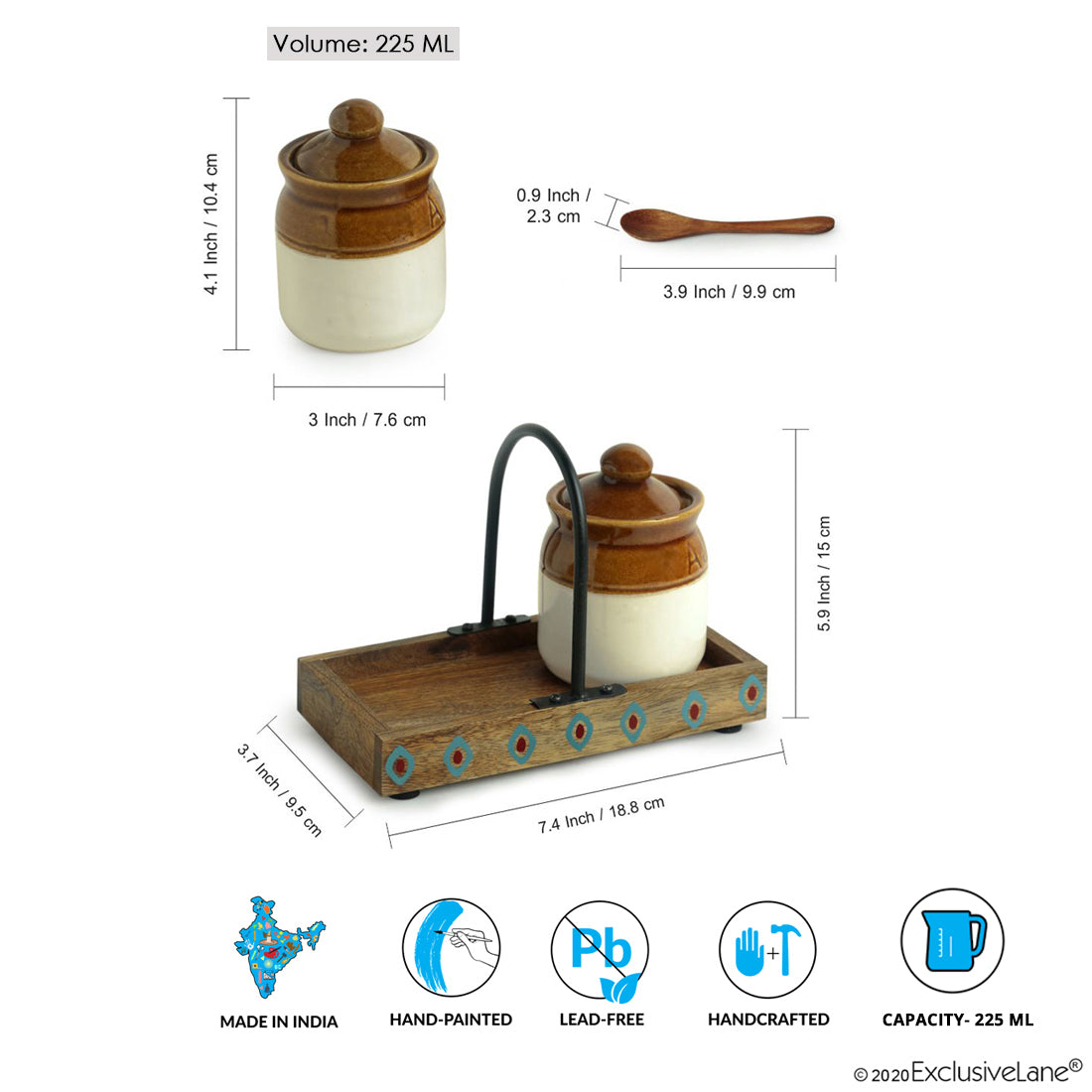 EXCLUSIVELANE 'Old Fashioned Martaban' Ceramic Chutney & Pickle Jar Set With Tray (Set of 2, 225 ML) - view 6