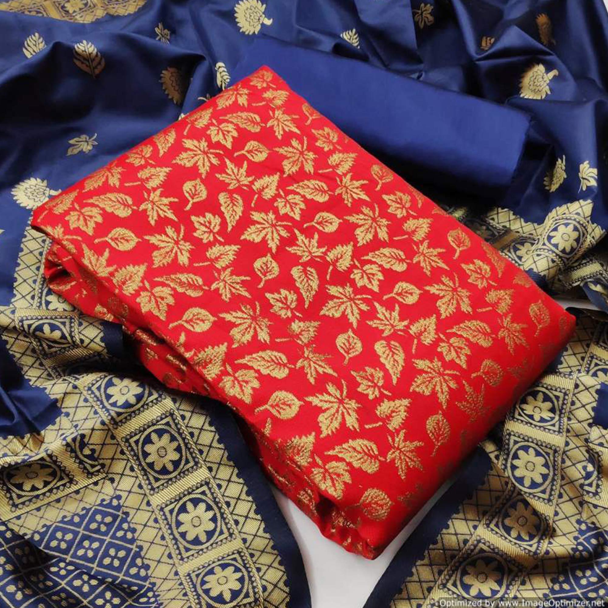 Peachmode Excellent Red Colored Casual Wear Banarasi Silk Dress Material