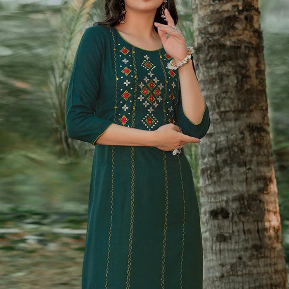 Peachmode Seller Bottle Green Embroidered Pure Cotton Kurti - view 3