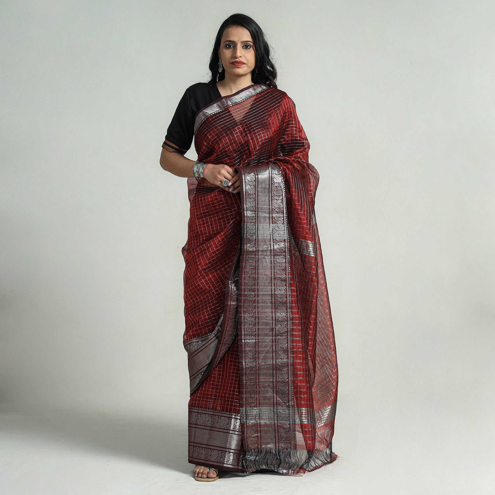 SOUTH KARGHA Maroon - Mangalagiri Handloom Silk Cotton Small Check Saree with Zari Border