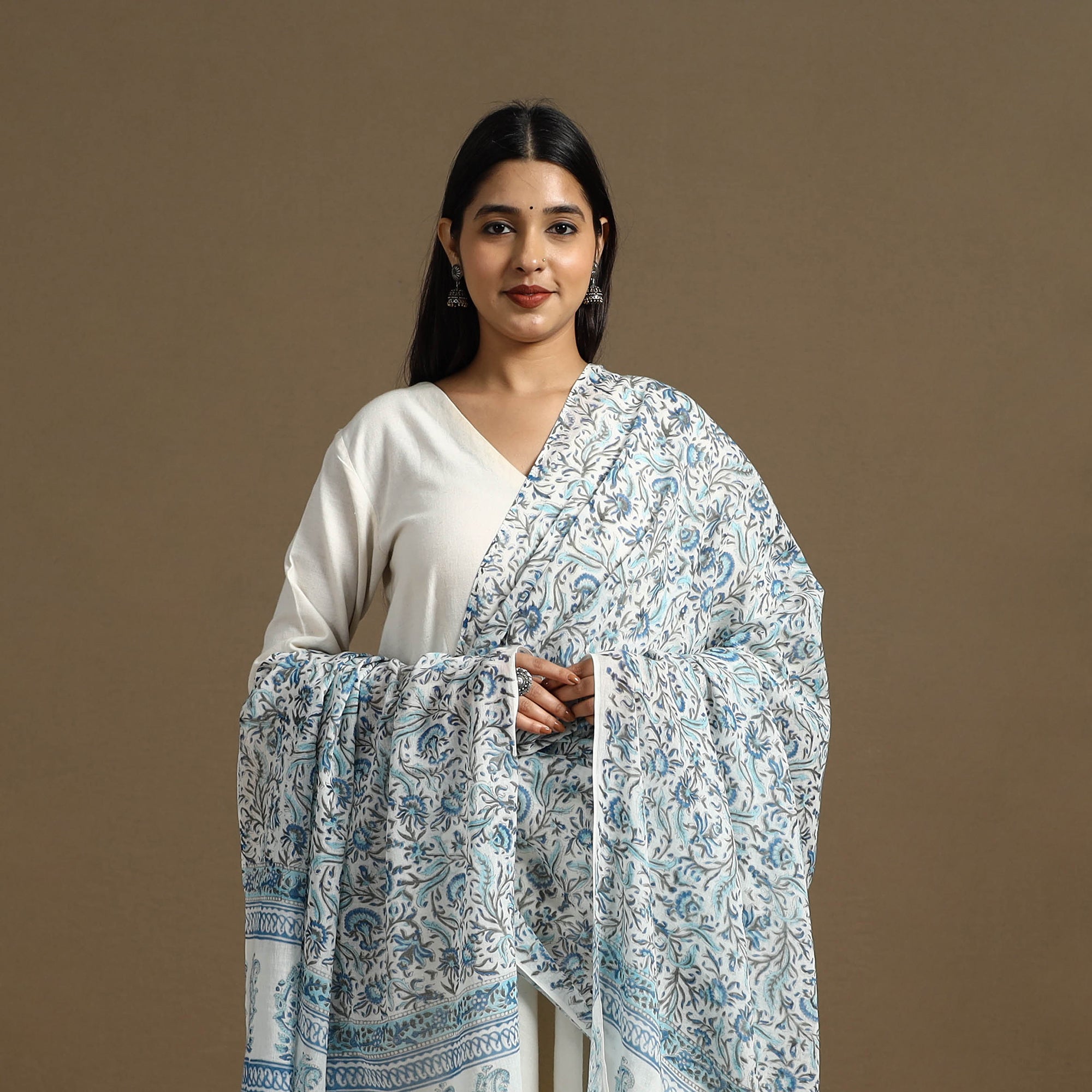 ARTISAN HAND BLOCK PRINTS Blue - Block Print Mul Cotton Sanganeri Floral Dupatta 45 - view 3