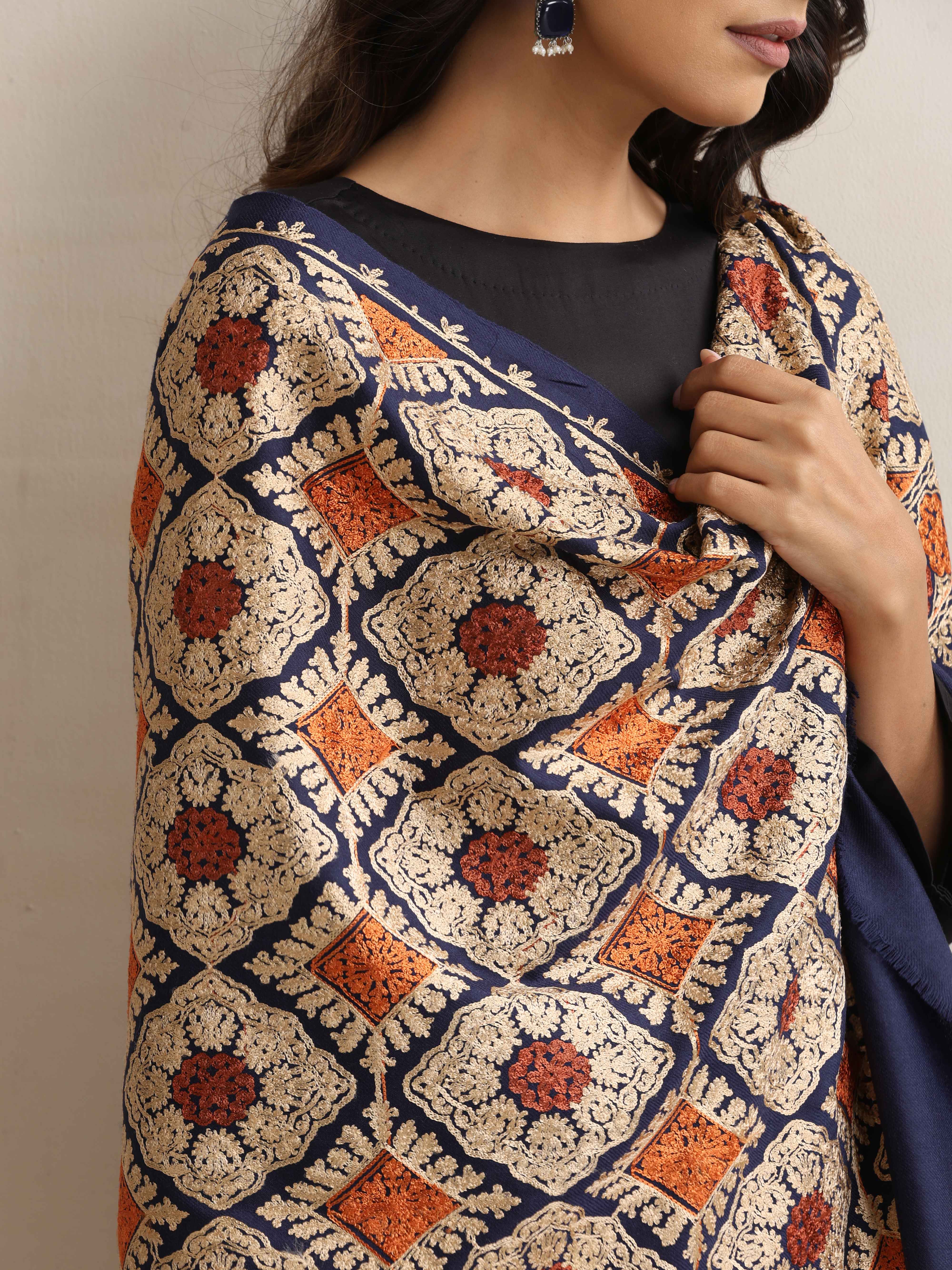 trueBrowns Navy Blue Embroidered Woollen Stole - view 4