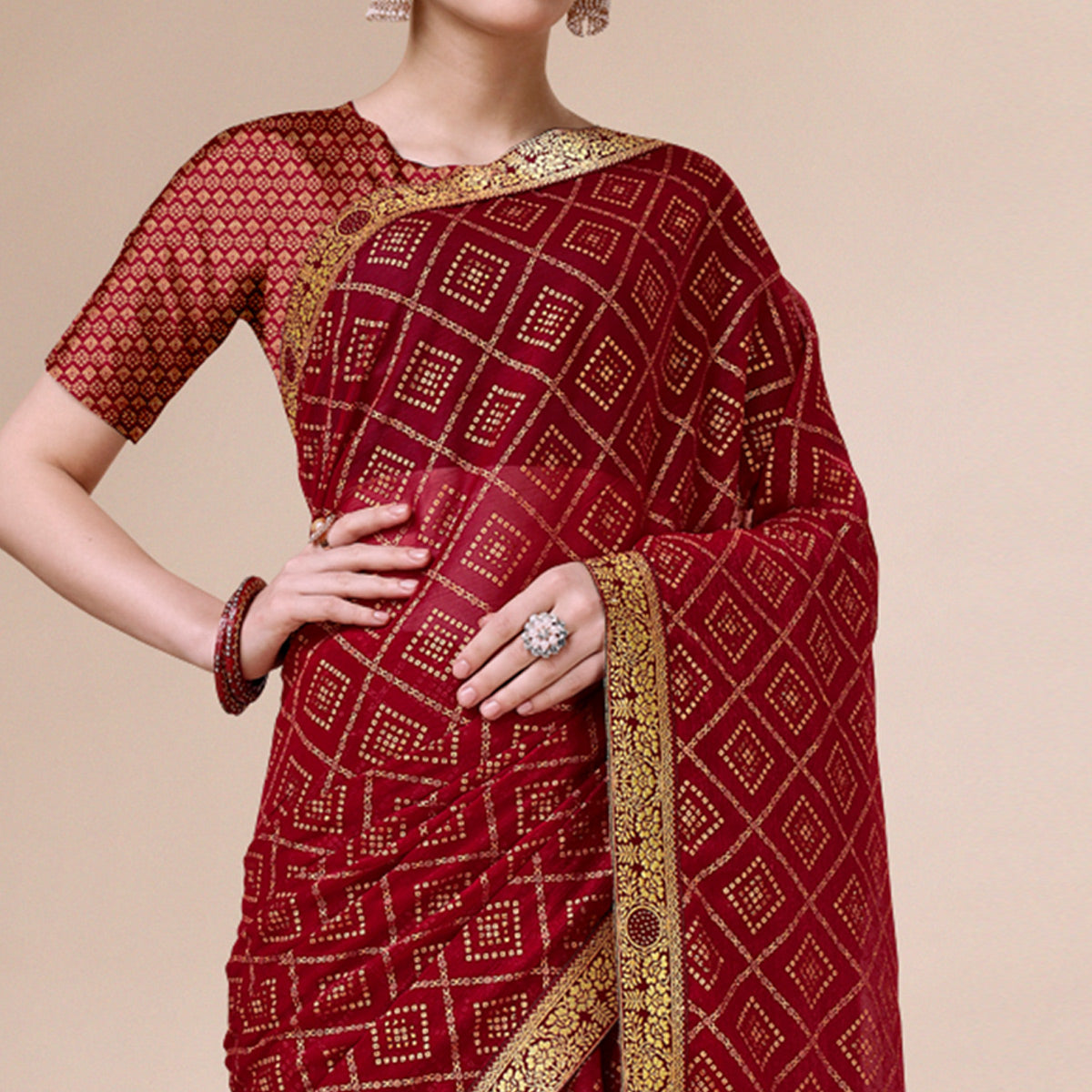 Peachmode Maroon Bandhani Foil Printed Chiffon Saree With Tassels - view 3