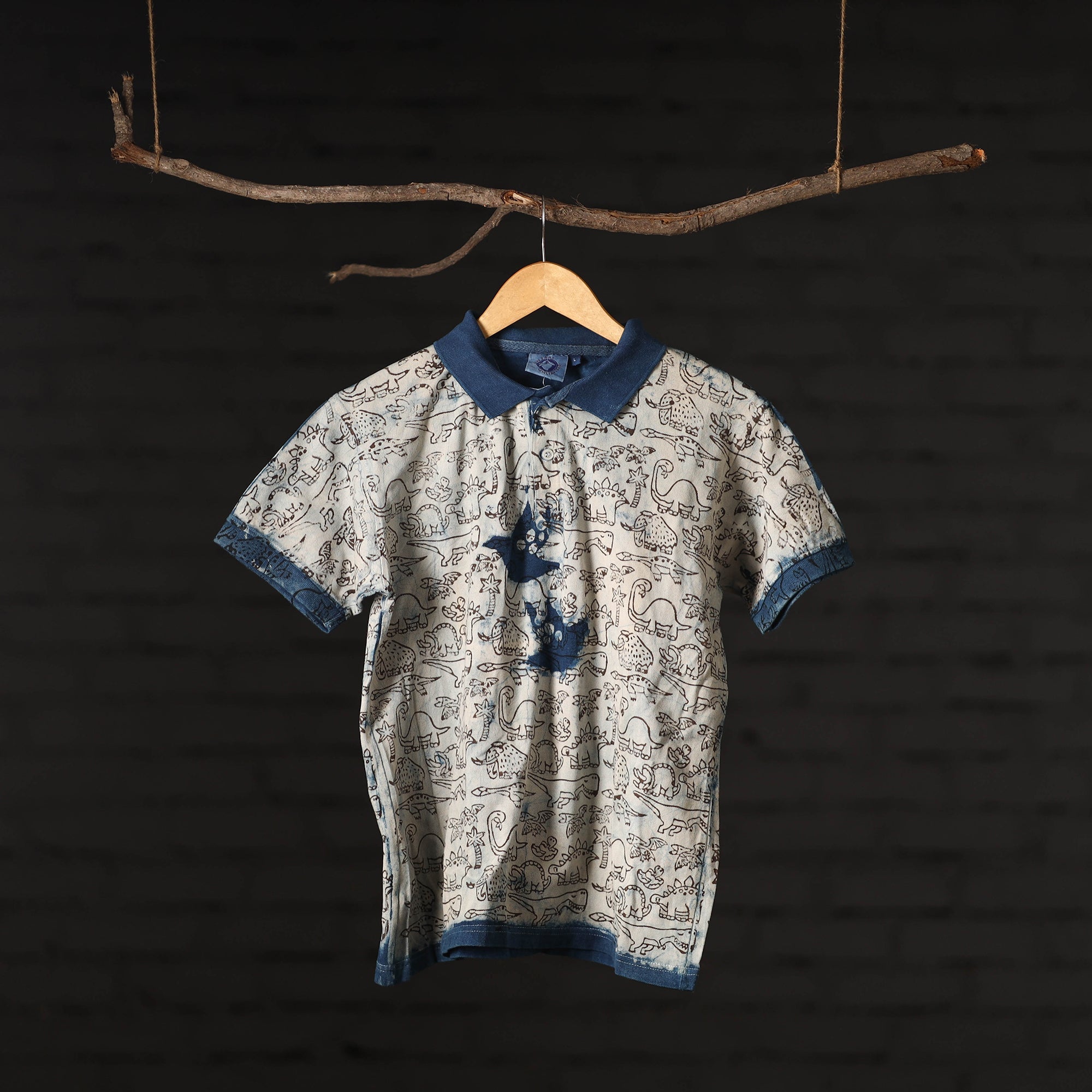 BINDAAS UNLIMITED Beige - Bindaas Natural Dyed Art Block Print Polo Collar T-shirt in Cotton