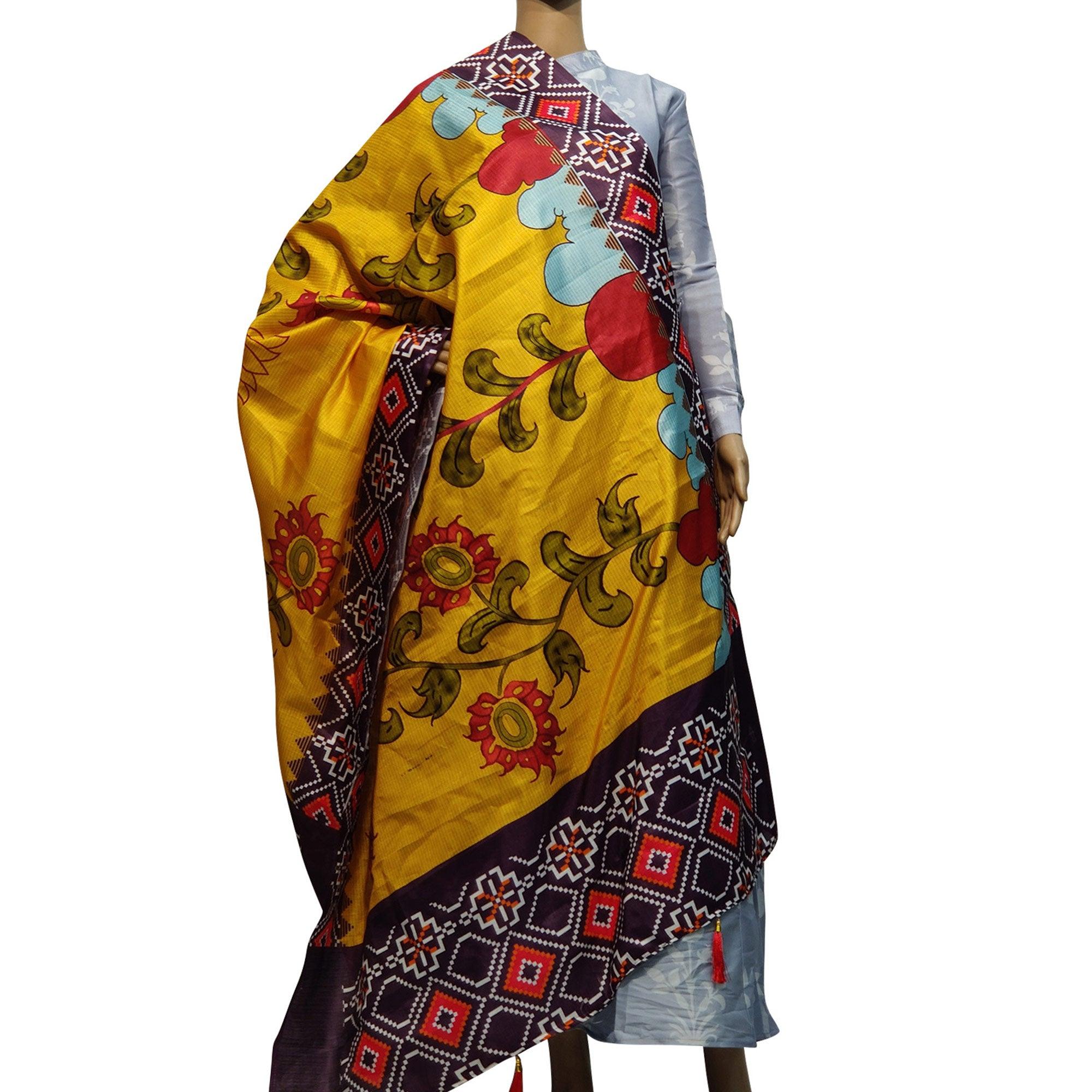 Peachmode Seller Intricate Yellow Colored Casual Wear Printed Cotton Silk Dupatta With Tassels