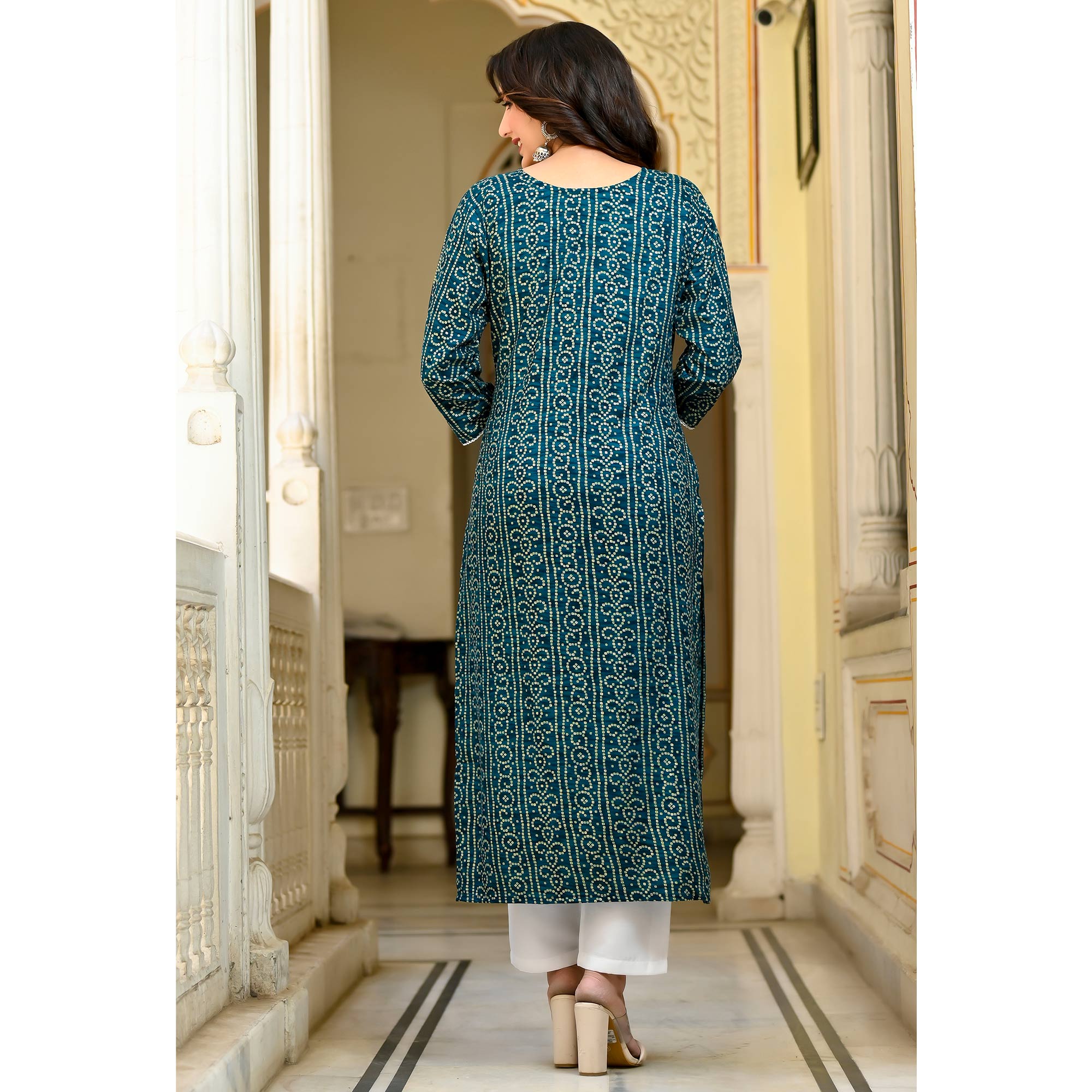 Peachmode Morpich Foil Bandhani Printed With Embroidered Rayon Kurti - view 8