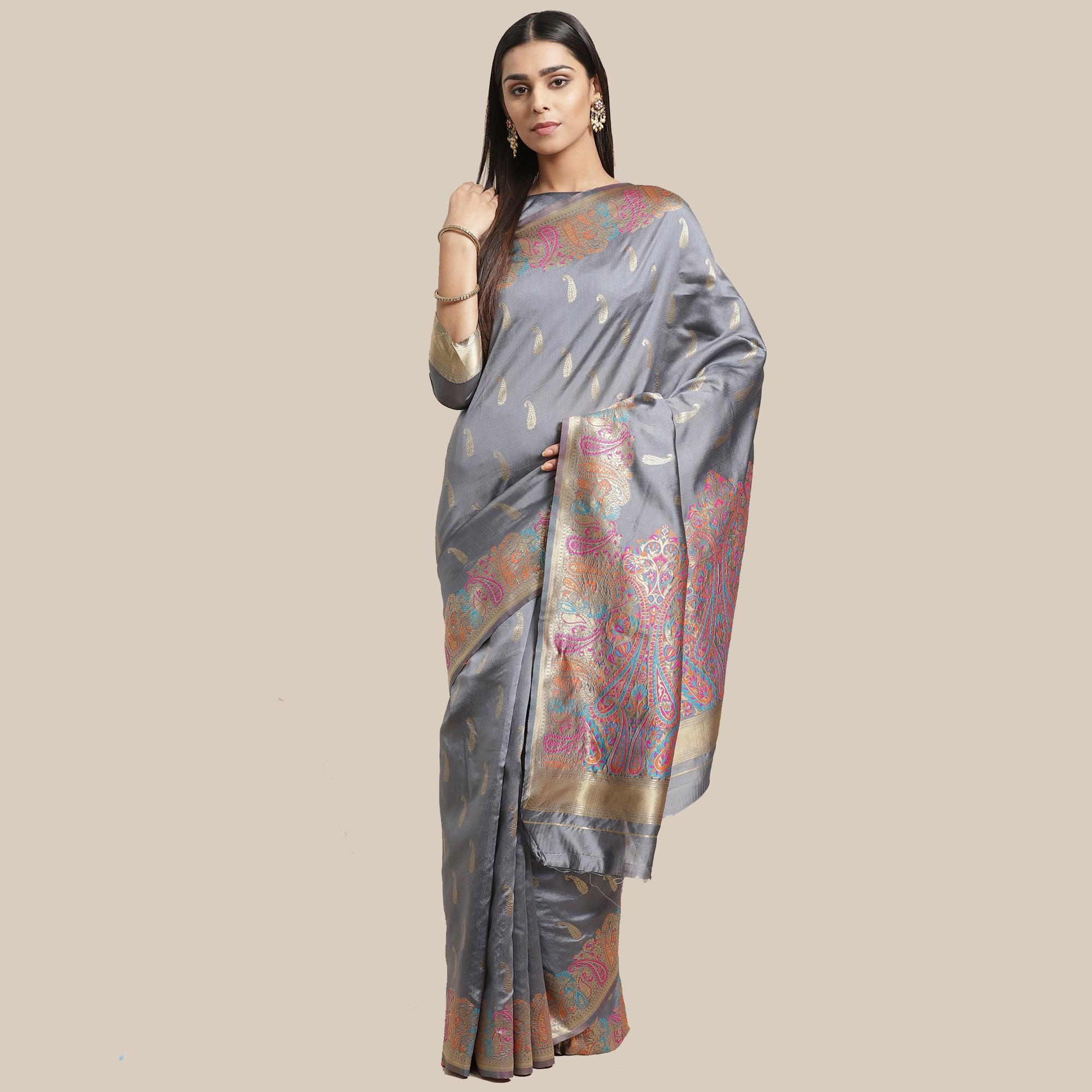 Peachmode Charming Grey Colored Festive Wear Woven Silk Blend Saree