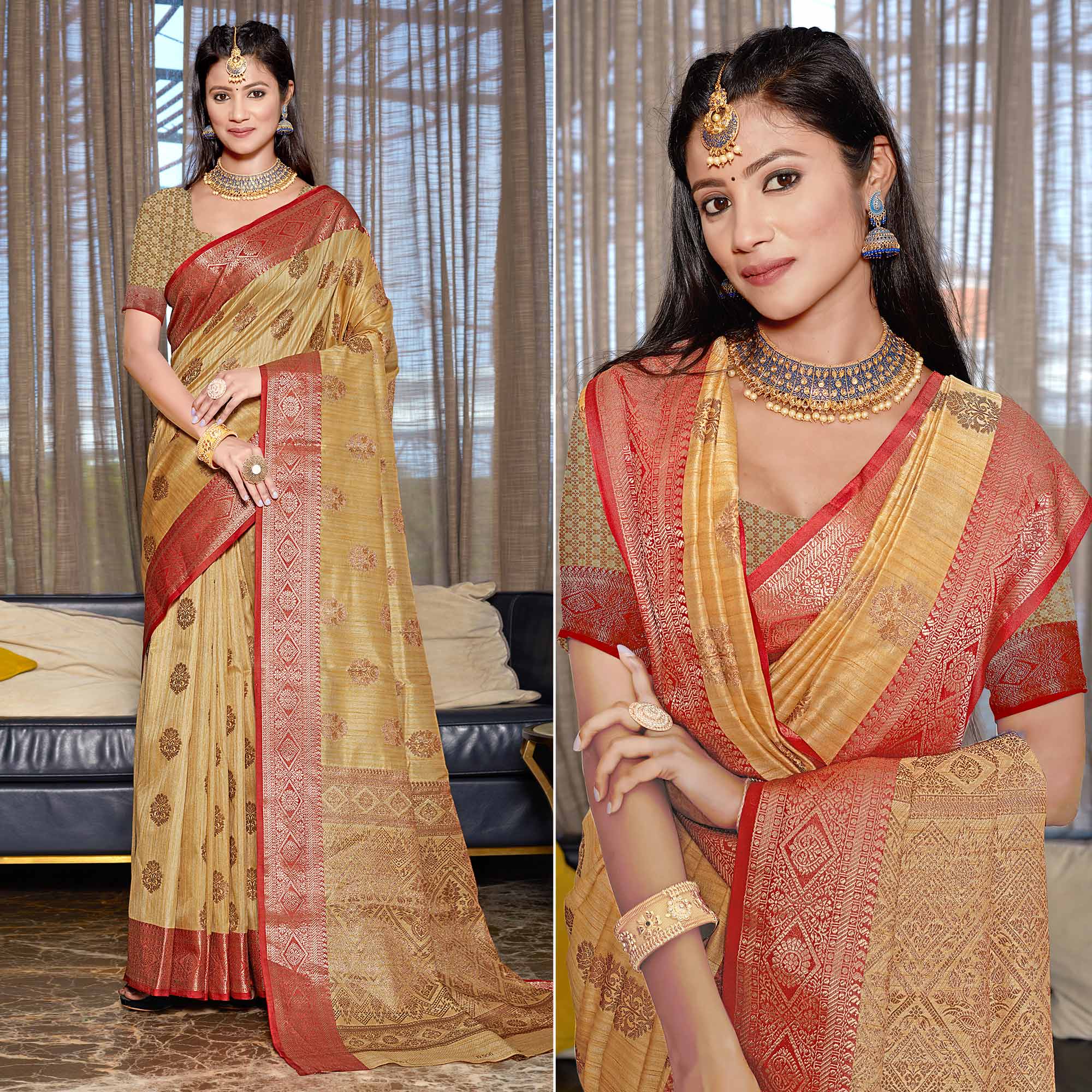 Peachmode Chikoo Floral Woven Cotton Blend Saree