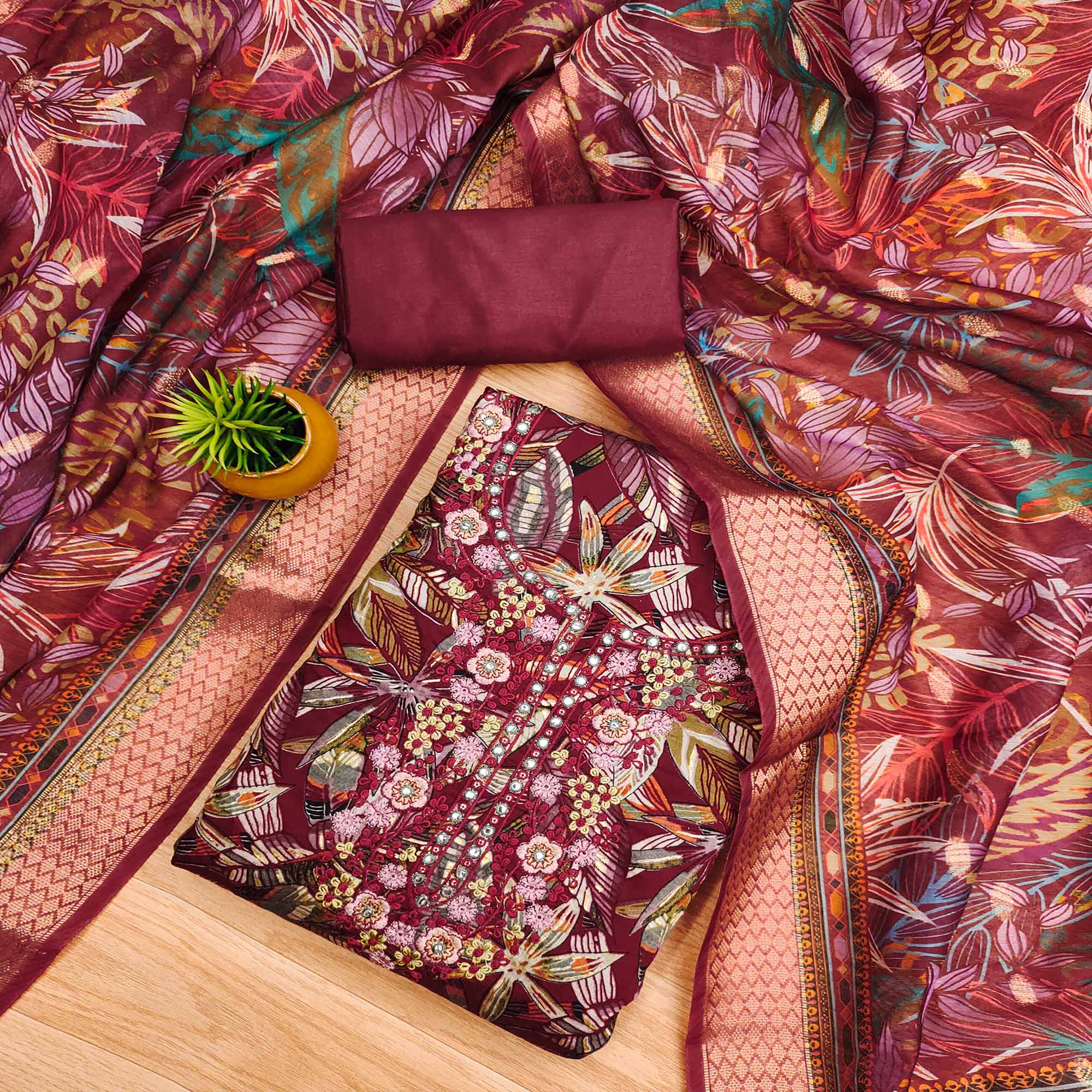 Peachmode Maroon Floral Printed Pure Cotton Dress Material