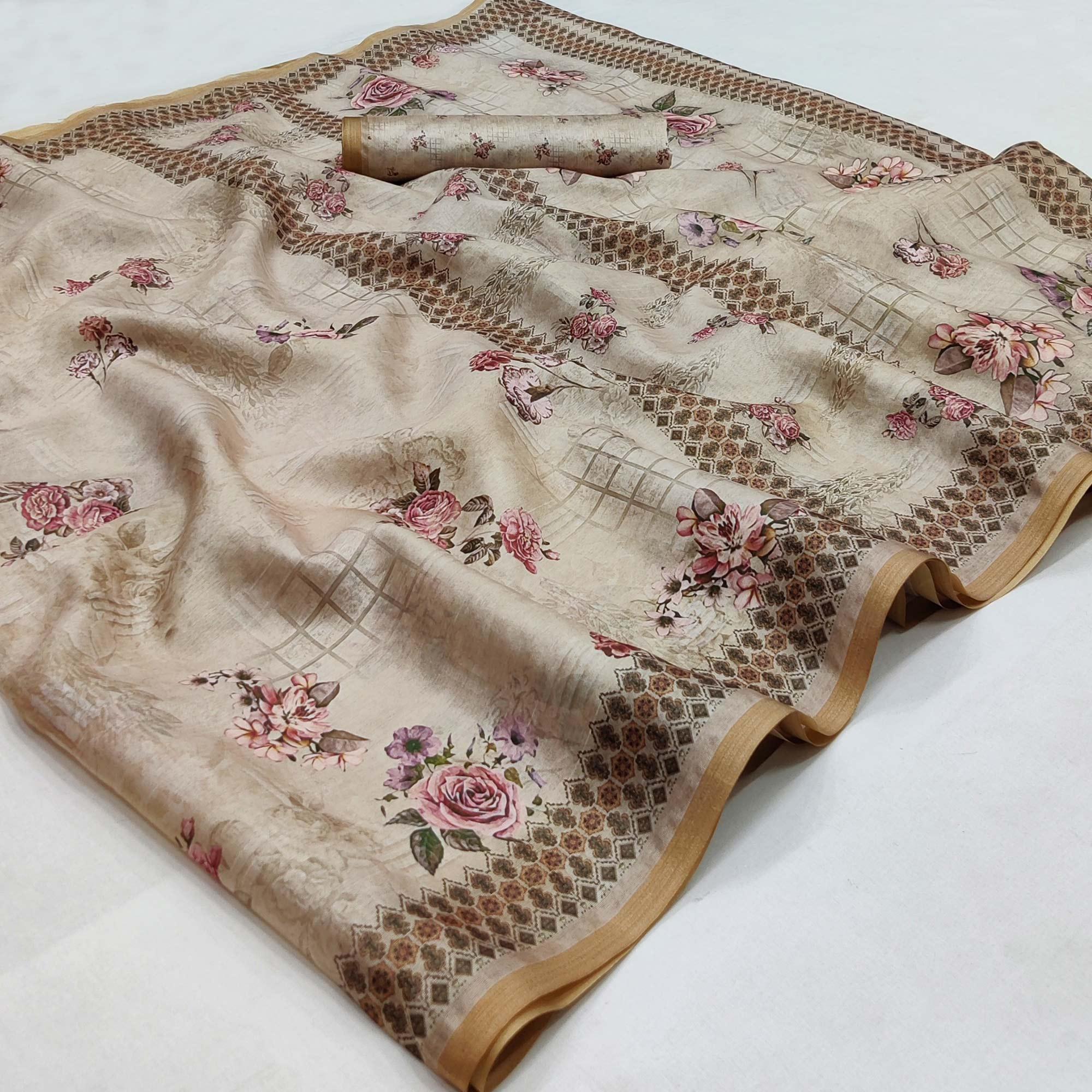 Peachmode Chikoo Floral Printed Pure Cotton Saree