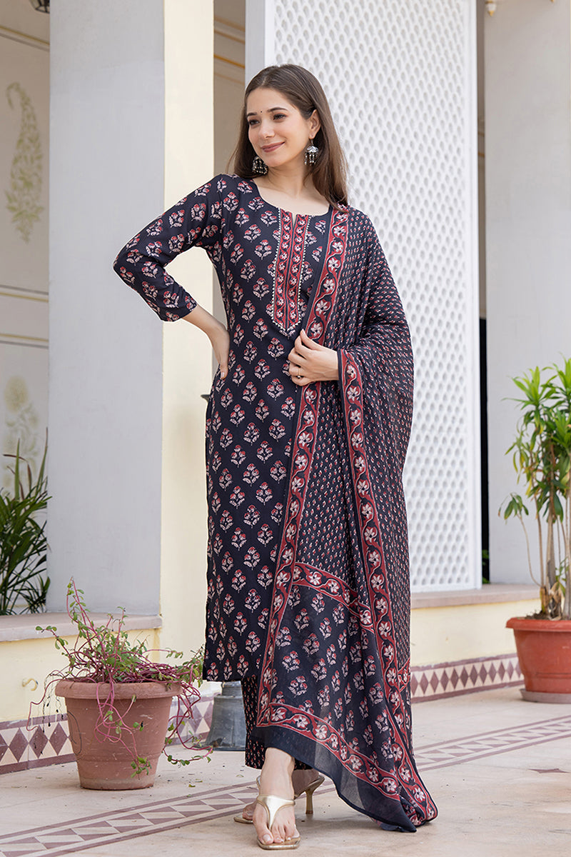Ahika Black Rayon Blend Floral Printed Straight Trouser Bottom Suit Set VKSKD2271 - view 2